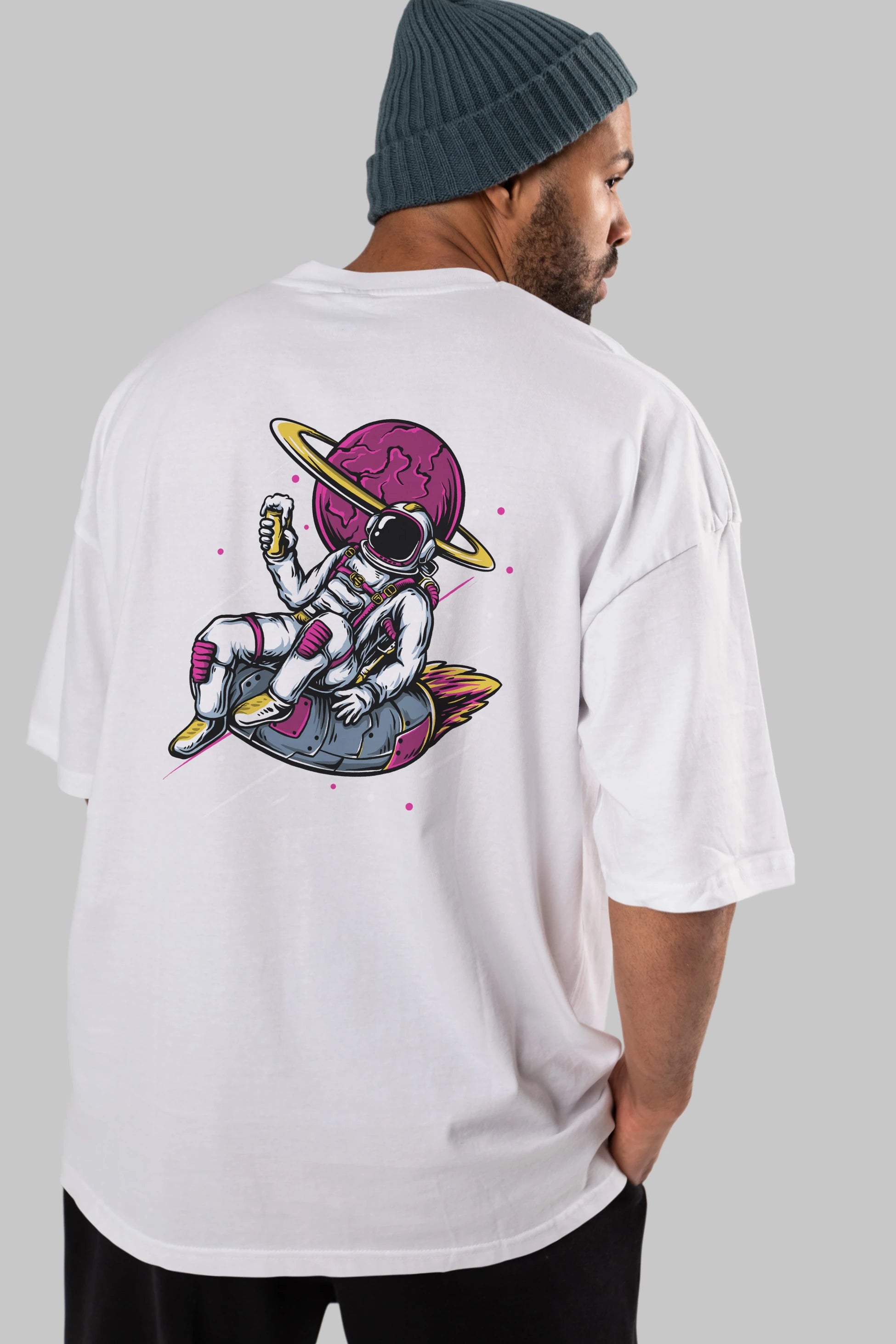 Astronaut Beer Arka Baskılı Oversize t-shirt Erkek Kadın Unisex