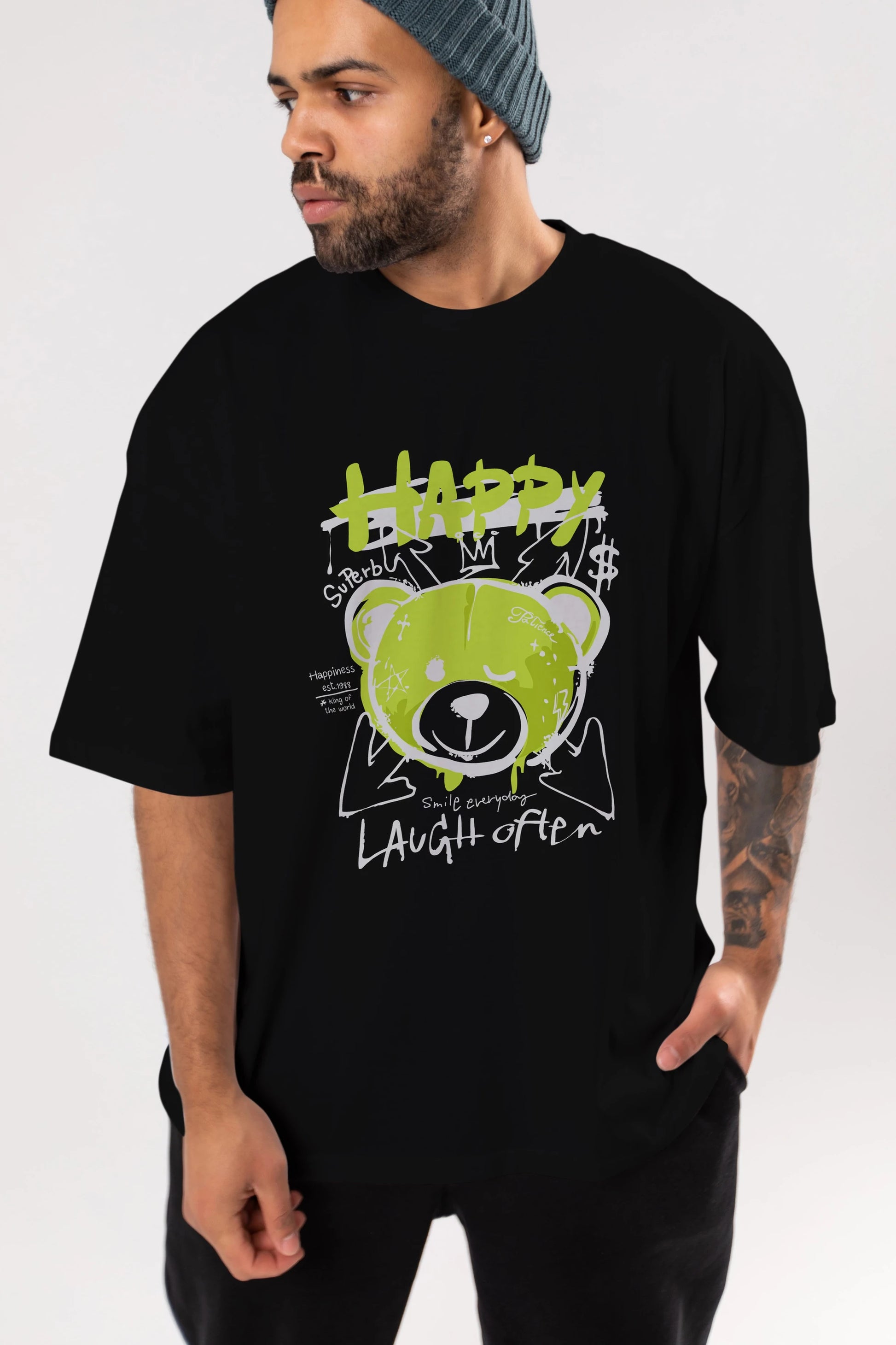 Happy Bear Ön Baskılı Oversize t-shirt Erkek Kadın Unisex