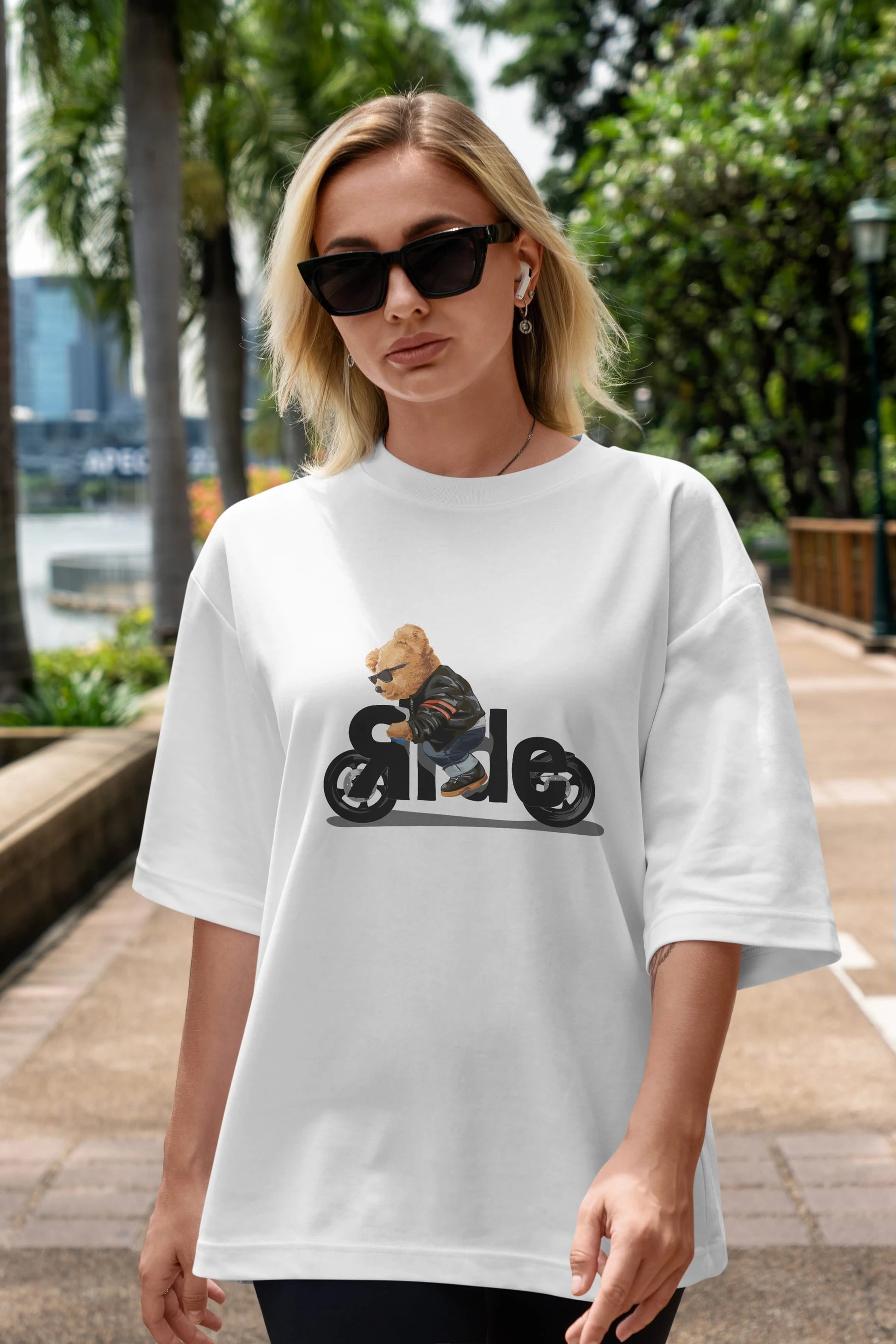 Teddy Bear Ride Ön Baskılı Oversize t-shirt Erkek Kadın Unisex %100 Pamuk