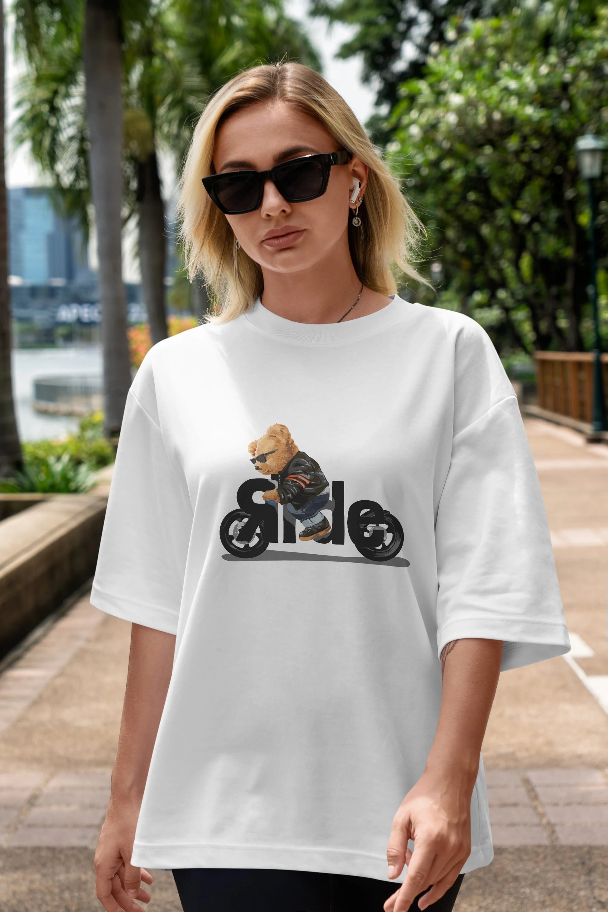 Teddy Bear Ride Ön Baskılı Oversize t-shirt Erkek Kadın Unisex %100 Pamuk