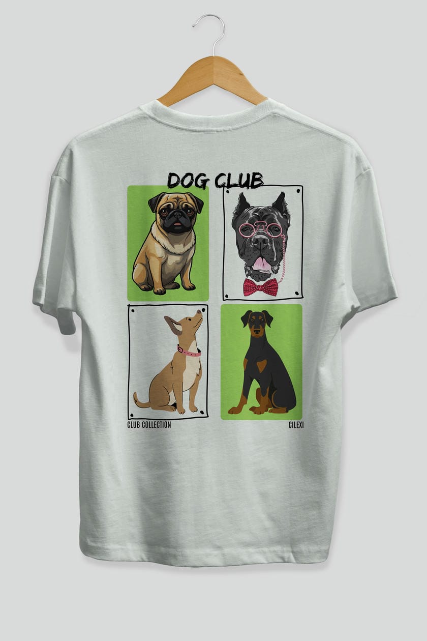 Dog Club Arka Baskılı Oversize t-shirt Erkek Kadın %100 Pamuk Bisiklet Yaka tişort
