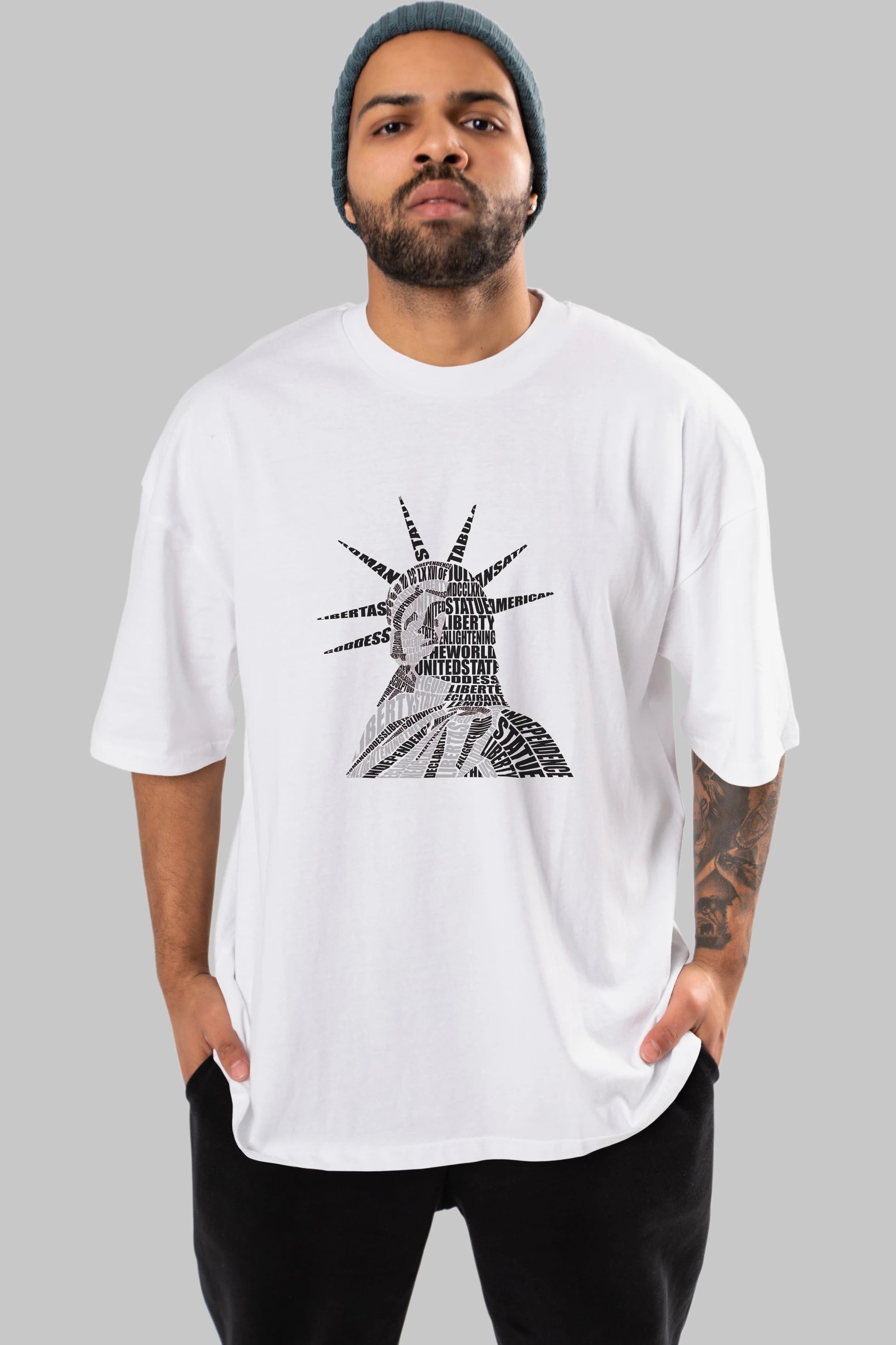 Liberty Statue Calligram Ön Baskılı Oversize t-shirt %100 pamuk Erkek Kadın Unisex