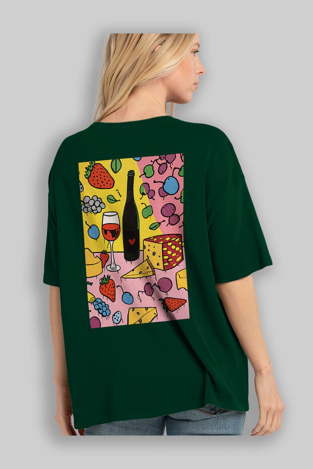 Wine Cheese Fruits Arka Baskılı Oversize t-shirt Erkek Kadın Unisex %100 Pamuk Bisiklet Yaka tişort