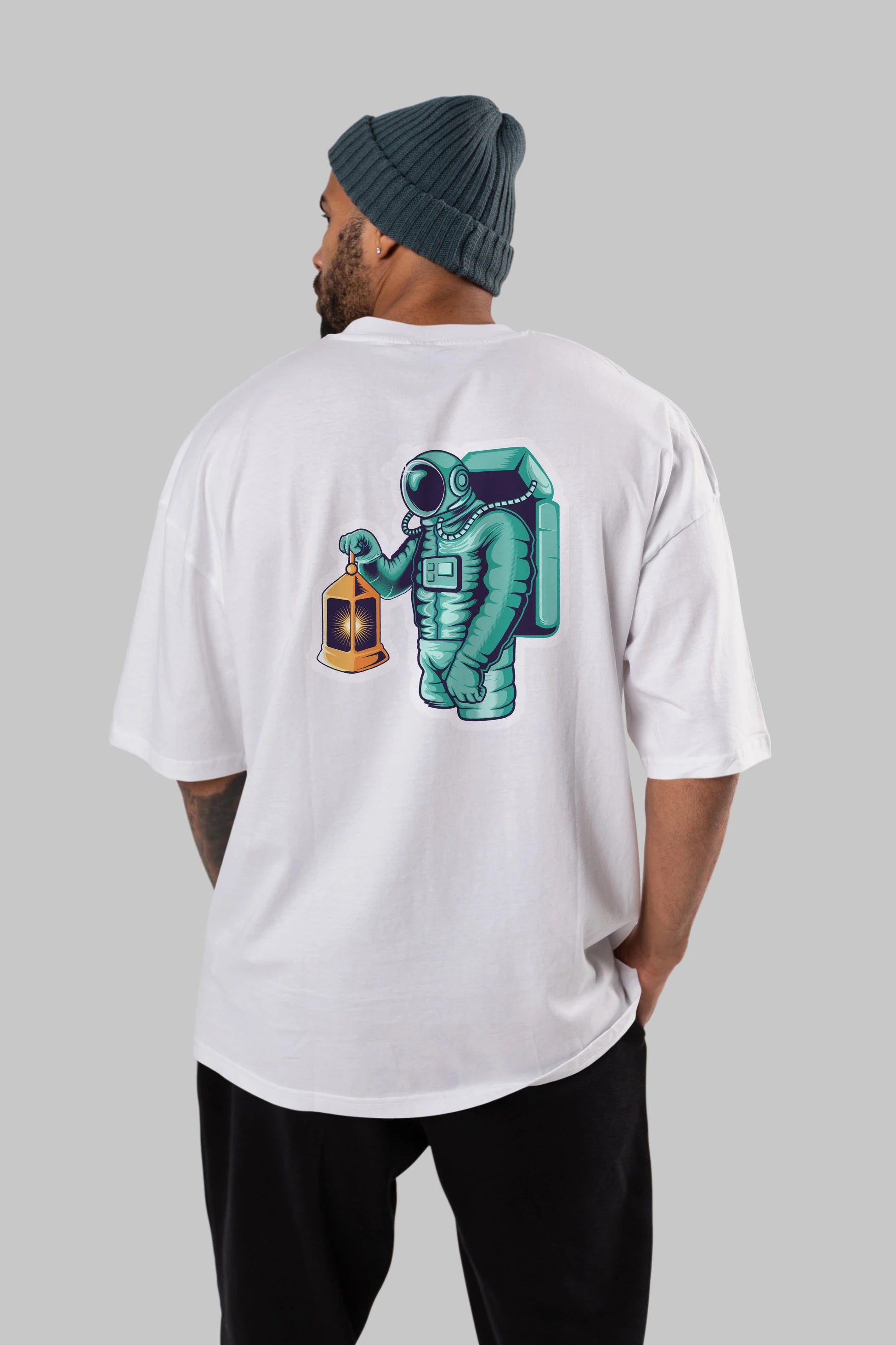 Astronaut Lantern Sticker Arka Baskılı Oversize t-shirt Erkek Kadın Unisex