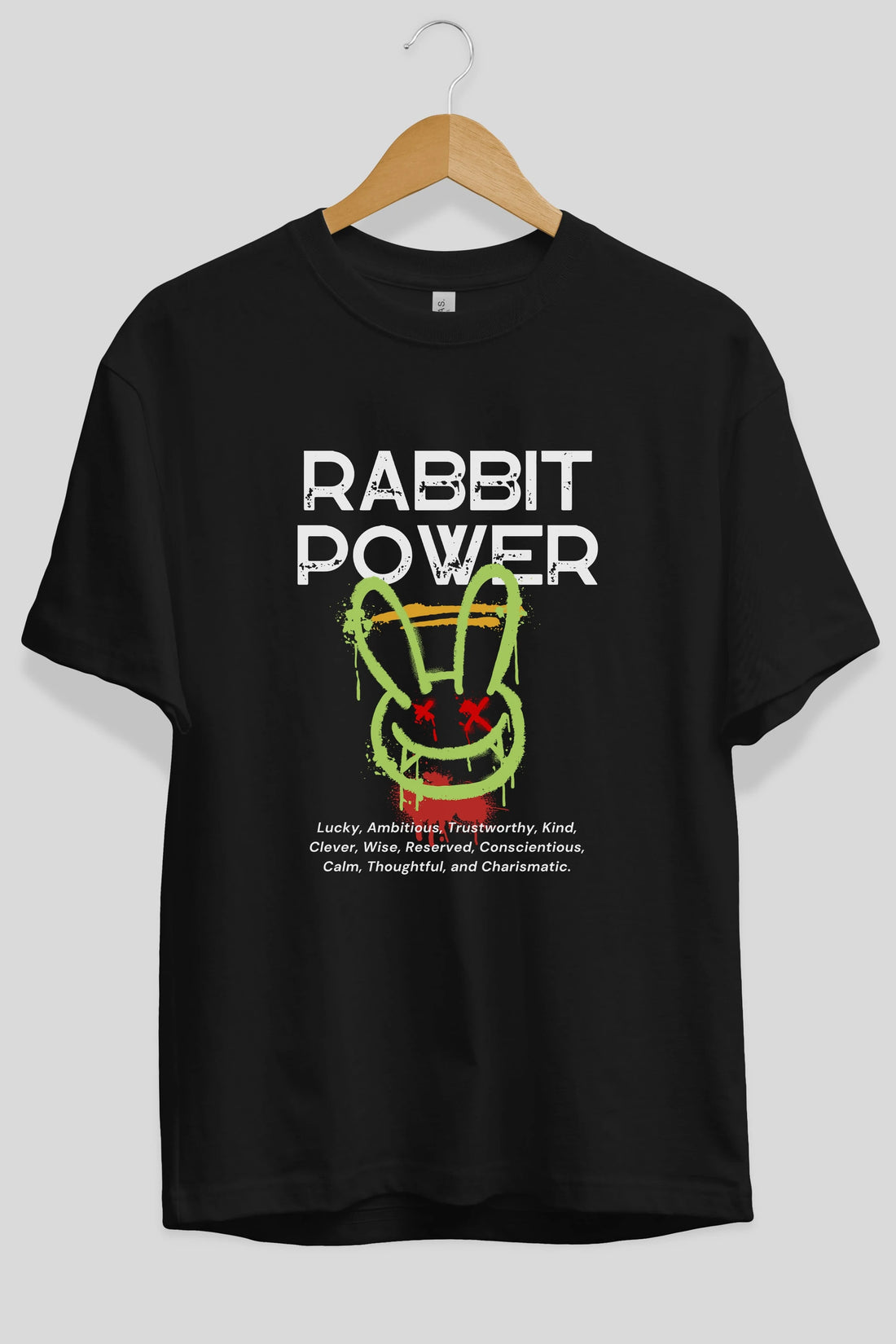 Rabbit Power Yazılı Ön Baskılı Oversize t-shirt Erkek Kadın Unisex