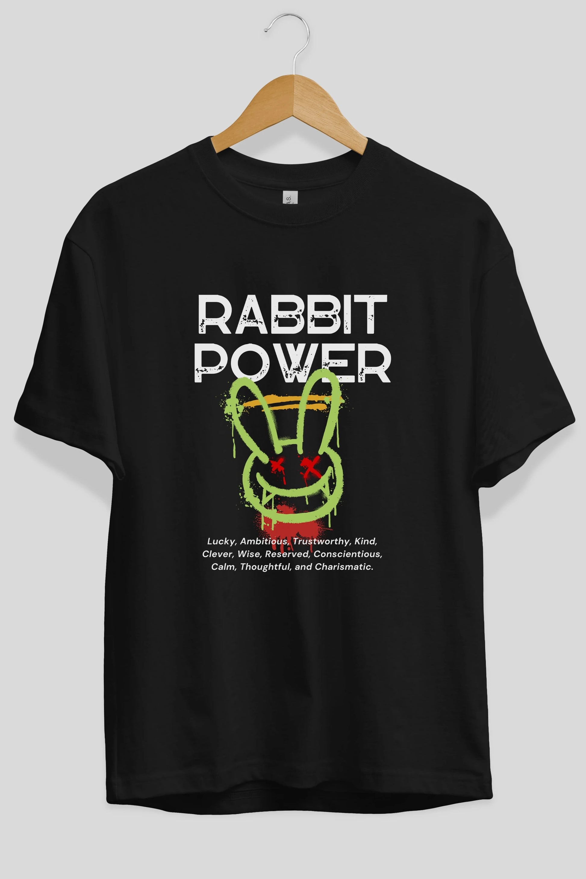 Rabbit Power Yazılı Ön Baskılı Oversize t-shirt Erkek Kadın Unisex