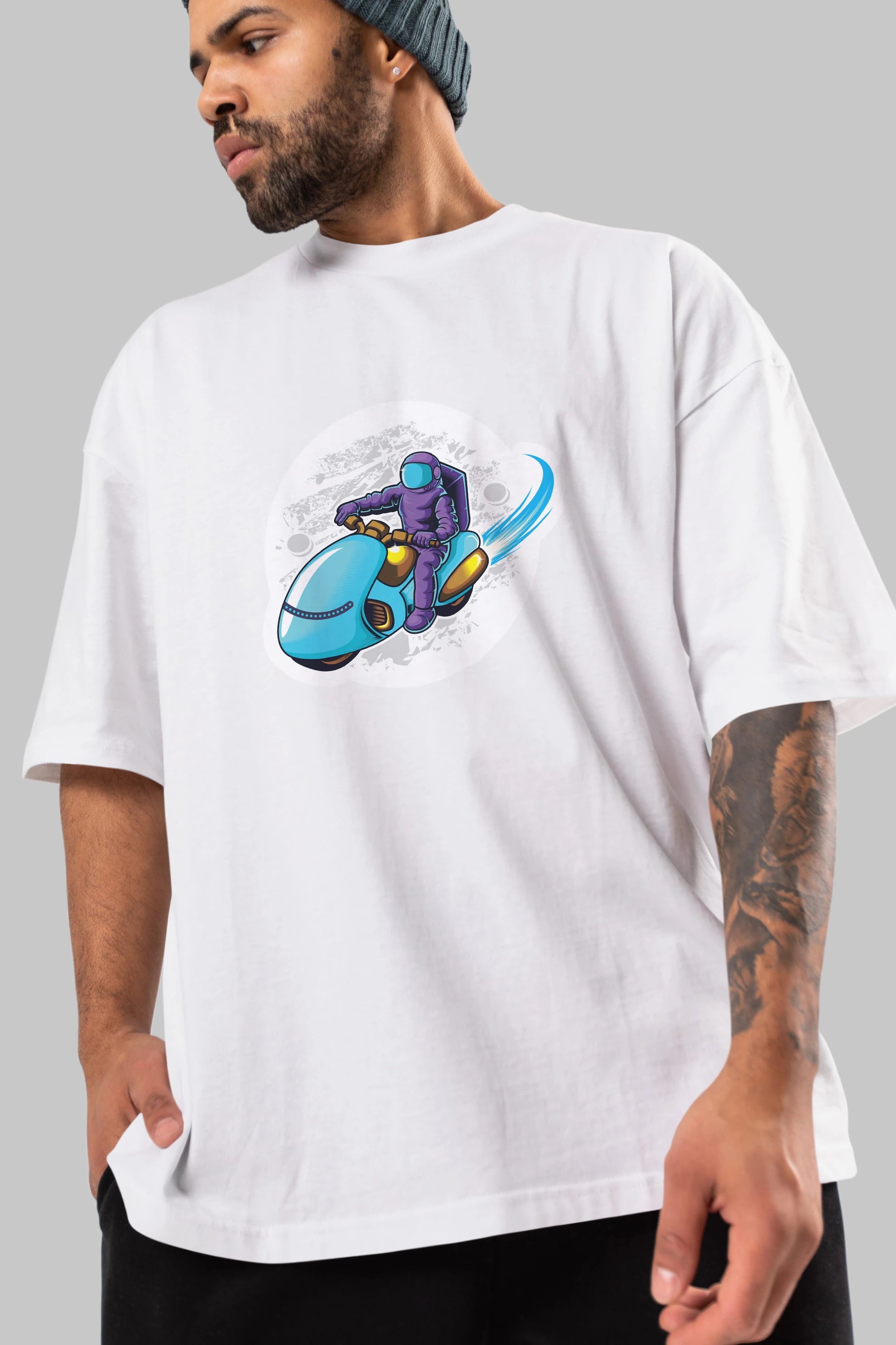 Astrorider in Space Sticker Ön Baskılı Oversize t-shirt Erkek Kadın Unisex