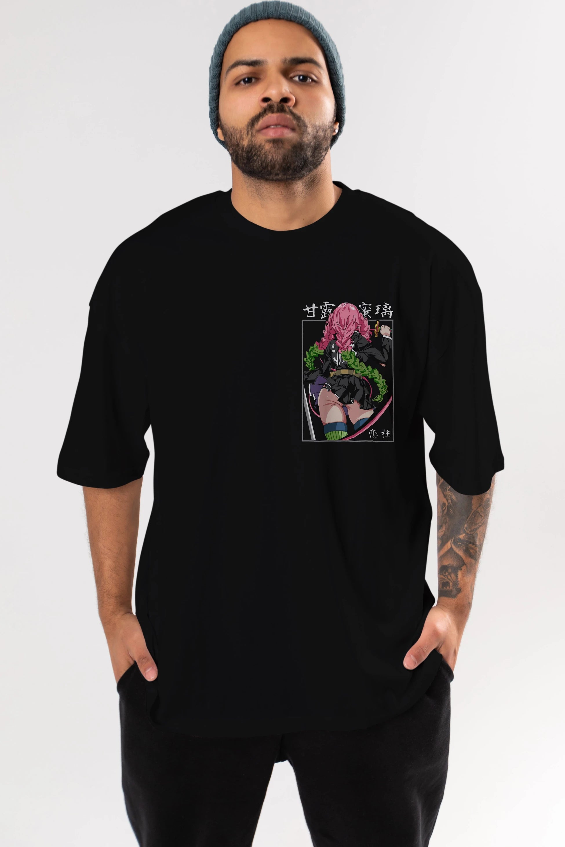 Mitsuri DEMONSLAYER Ön Sol Baskılı Oversize t-shirt Erkek Kadın Unisex %100 Pamuk Bisiklet Yaka tişort