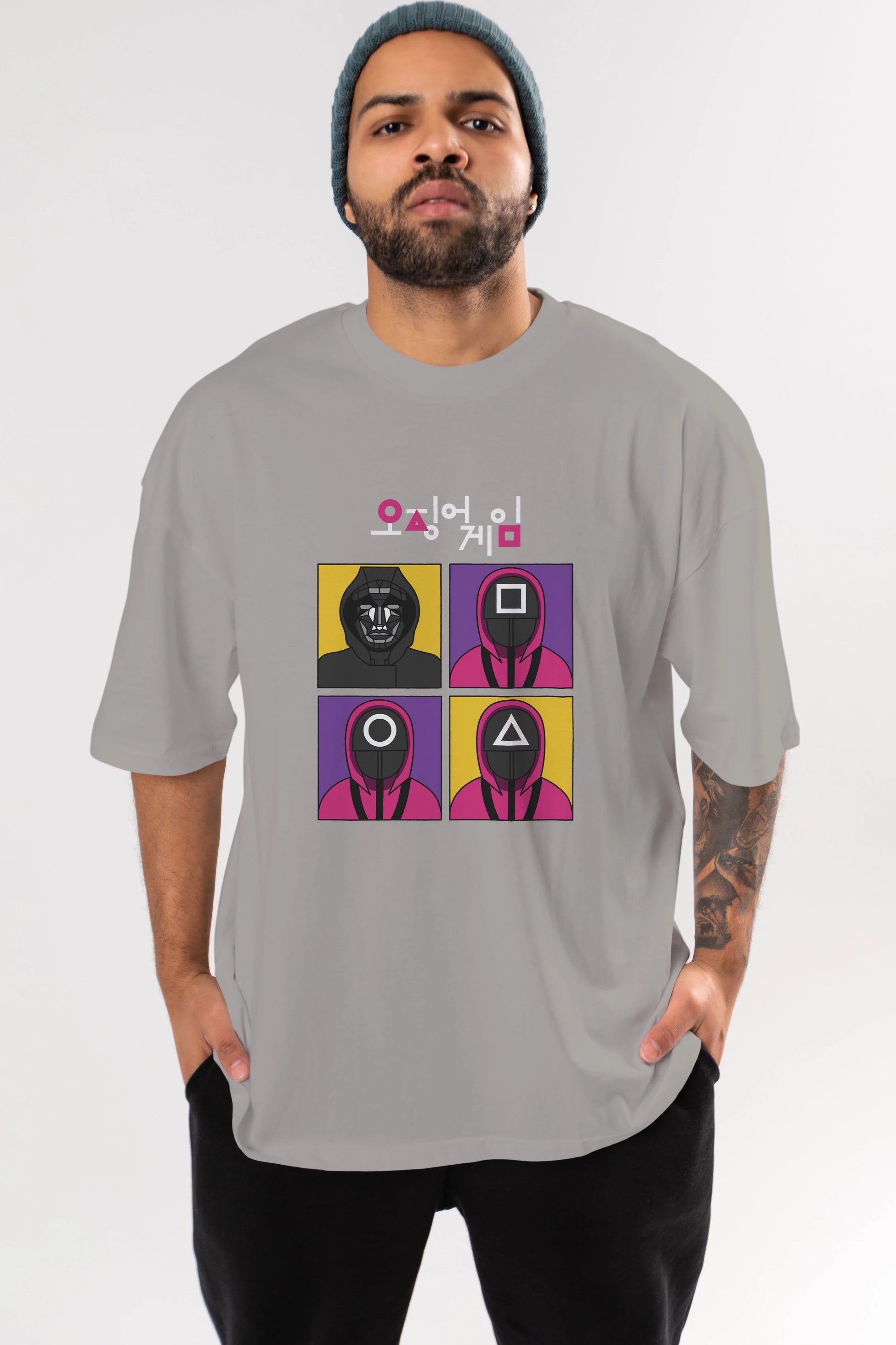Squid Game (1) Ön Baskılı Oversize t-shirt Erkek Kadın Unisex %100 Pamuk Bisiklet Yaka tişort