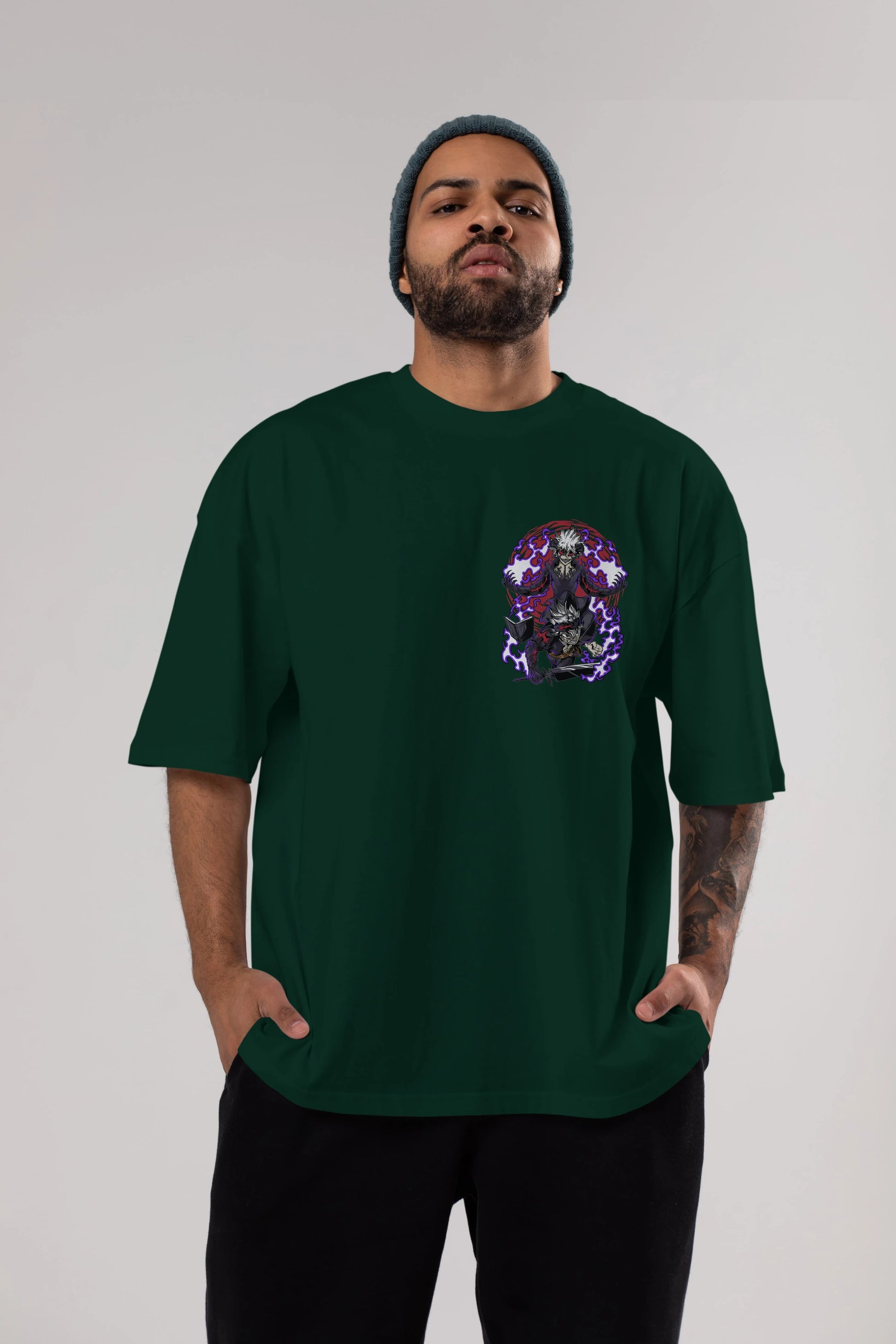 BLACK CLOVER DEVIL UNION Ön Sol Baskılı Oversize t-shirt Erkek Kadın Unisex %100 Pamuk Bisiklet Yaka tişort