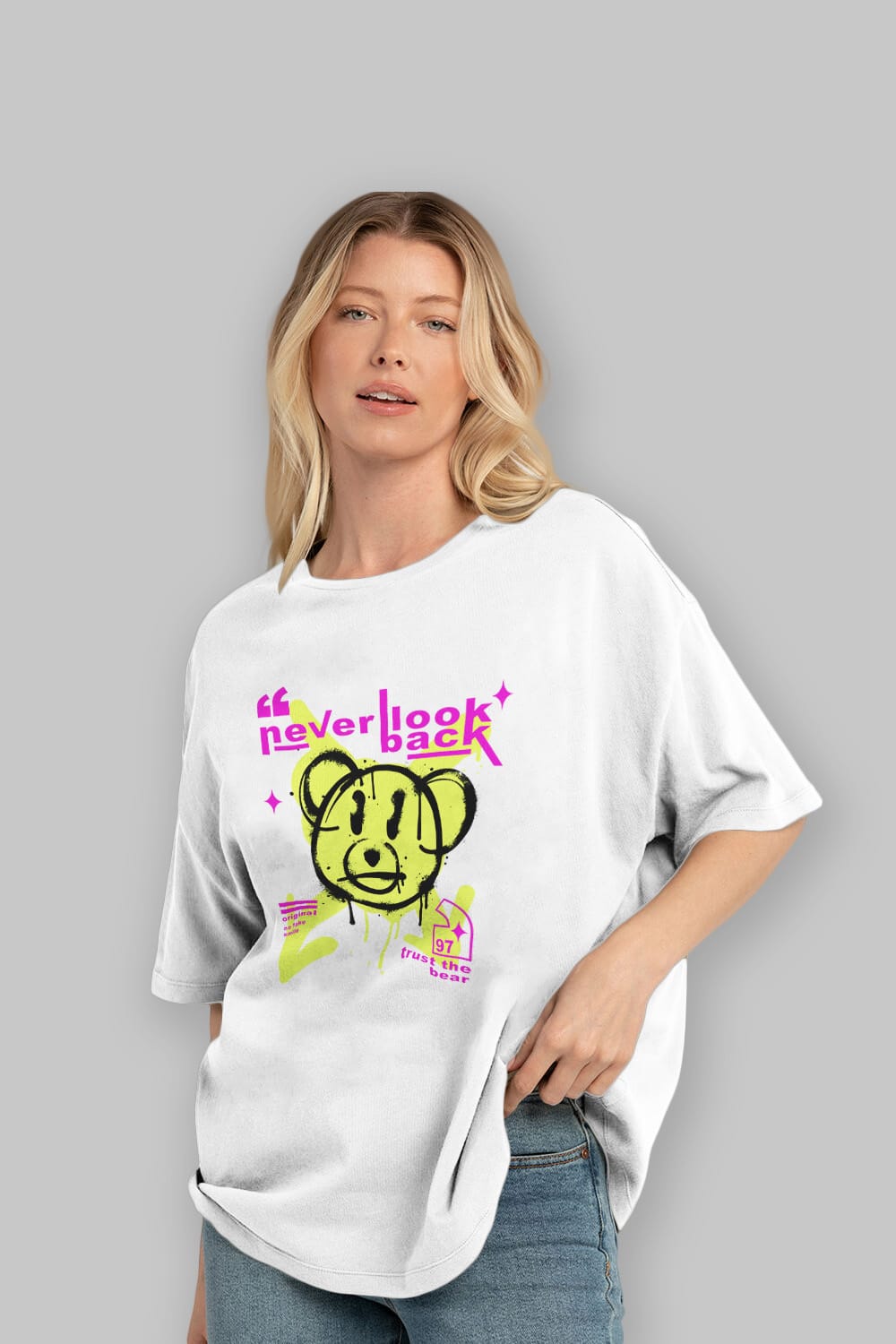 Never Look Back Bear Ön Baskılı Oversize t-shirt Erkek Kadın Unisex