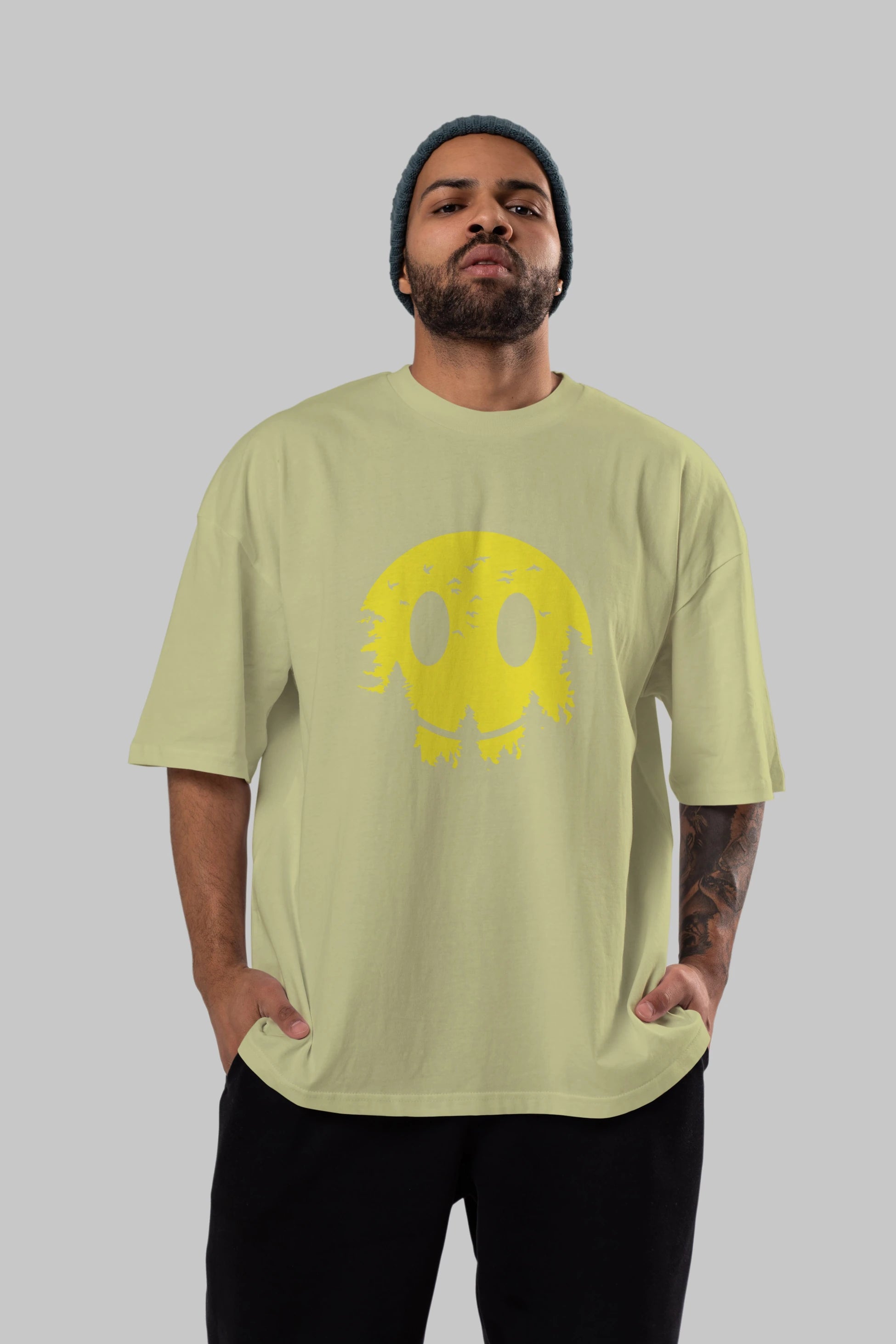 Smiley Moon Ön Baskılı Oversize t-shirt %100 pamuk Erkek Kadın Unisex