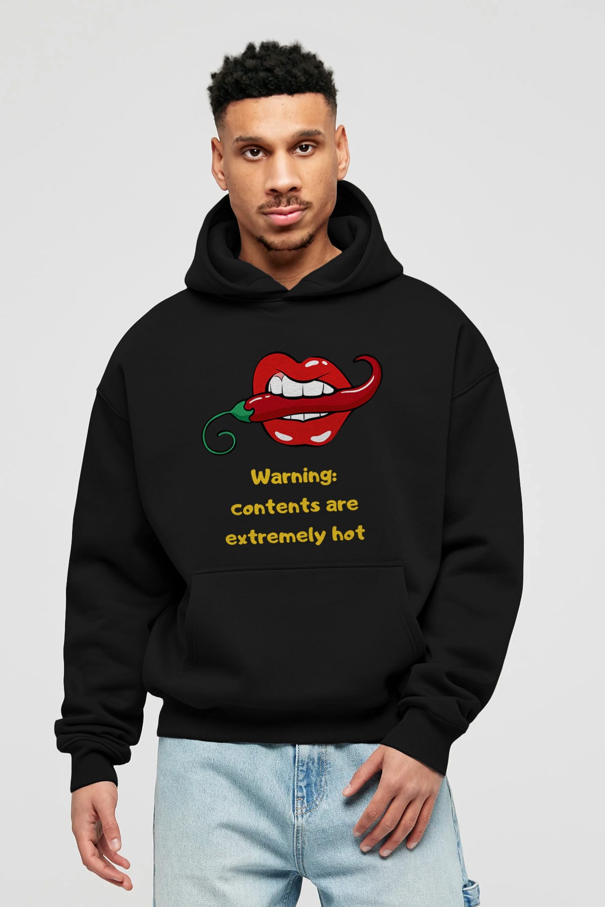 Warning Contents Yazılı Ön Baskılı Oversize Hoodie Kapüşonlu Sweatshirt Erkek Kadın Unisex