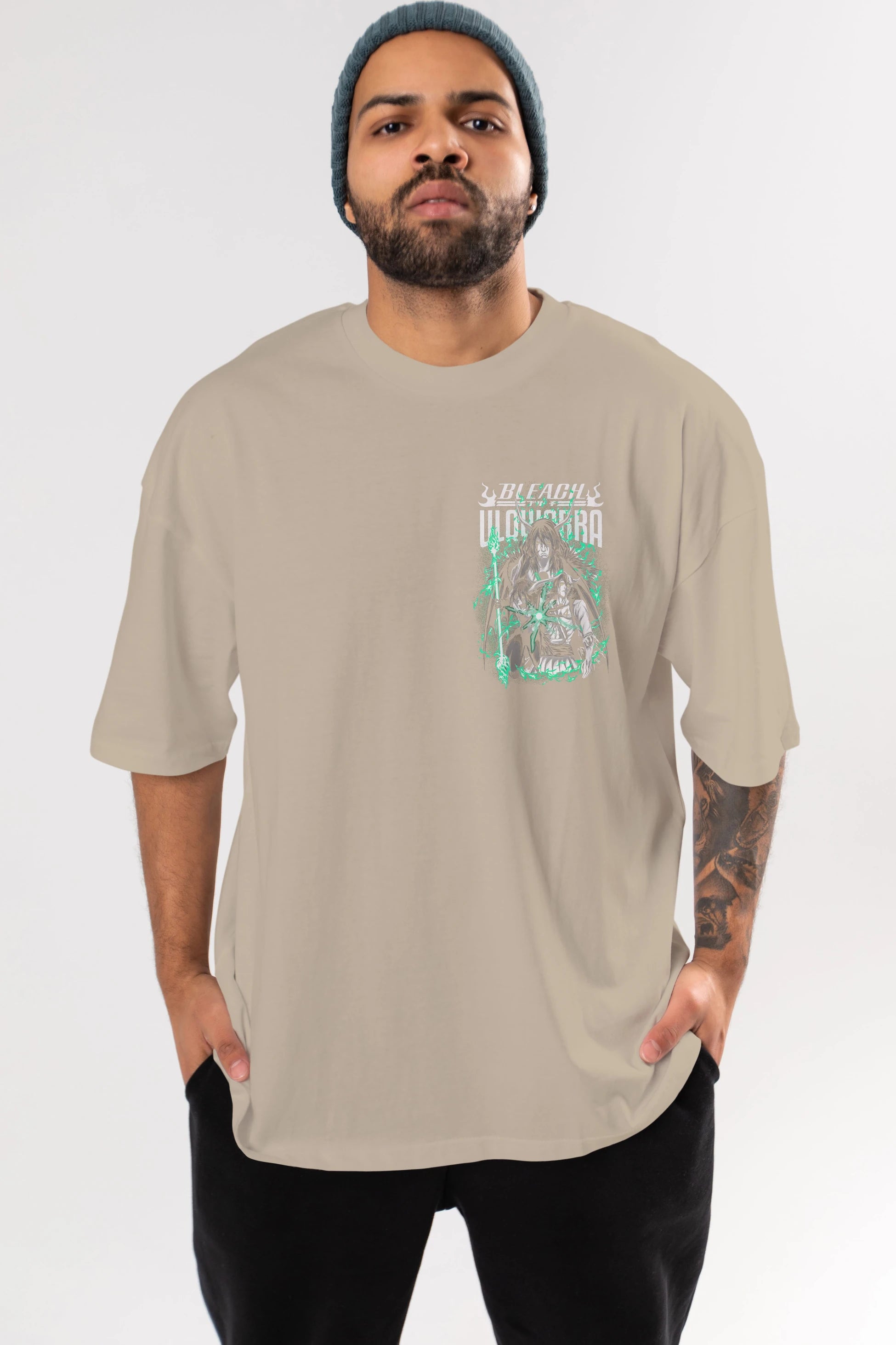BLEACH(ULQUIARRA) Ön Sol Baskılı Oversize t-shirt Erkek Kadın Unisex %100 Pamuk Bisiklet Yaka tişort