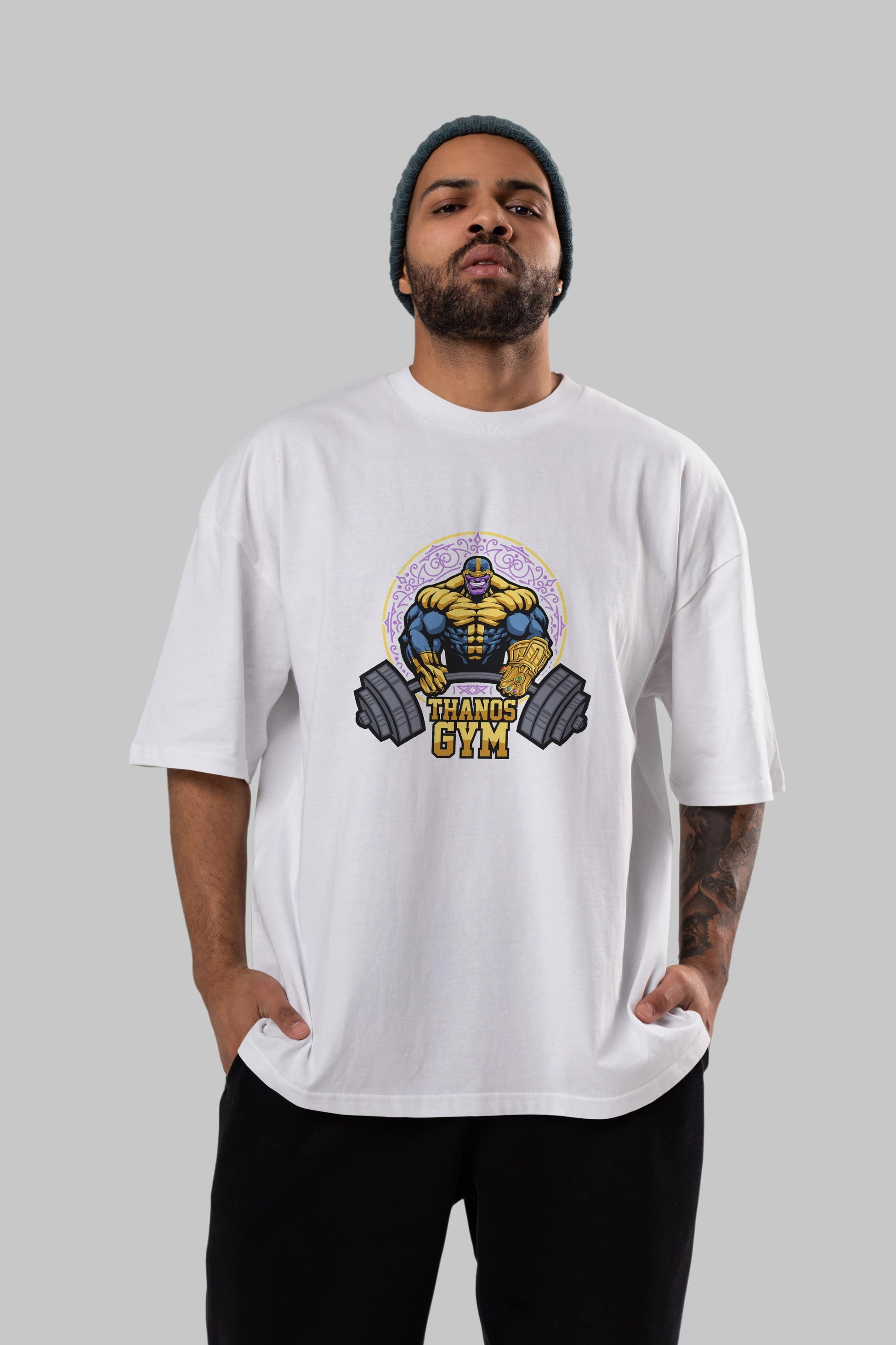 Thanos GYM Ön Baskılı Oversize t-shirt Erkek Kadın Unisex %100 Pamuk Bisiklet Yaka tişort