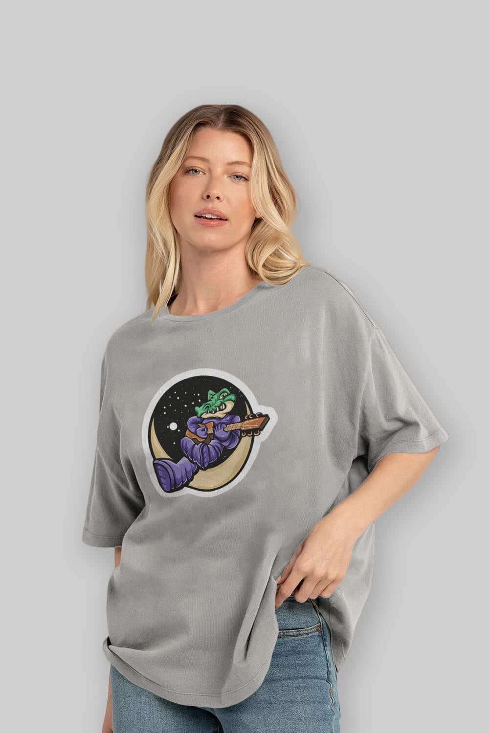 Space Crocodile Sticker Ön Baskılı Oversize t-shirt Erkek Kadın Unisex