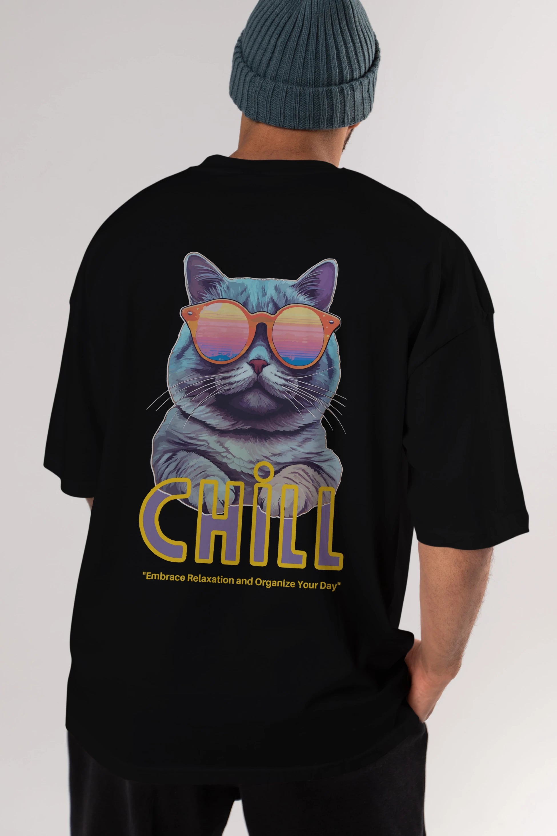 Chill Cat Arka Baskılı Oversize t-shirt Erkek Kadın Unisex