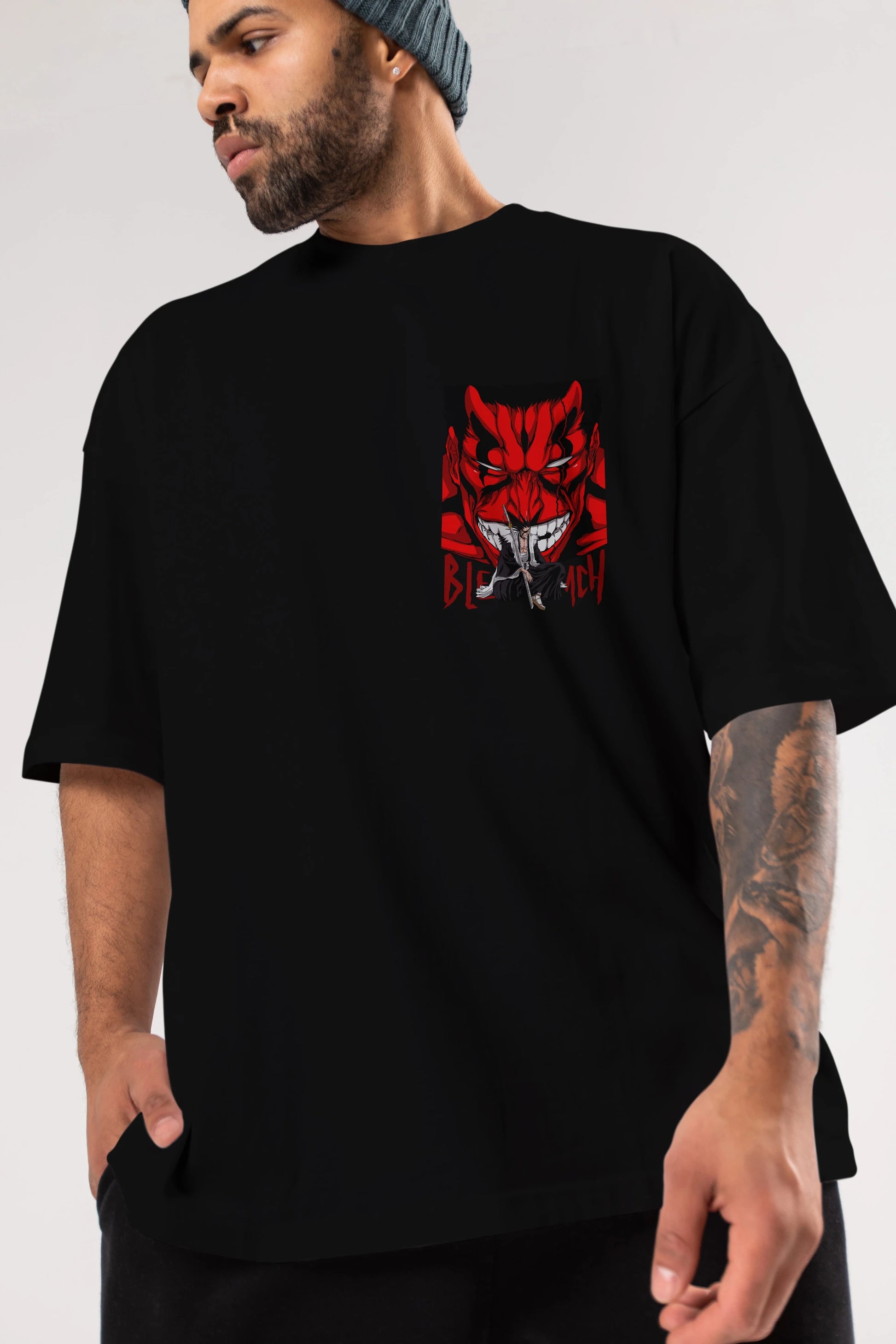 KENPACHI ZARAKI BLEACH Ön Sol Baskılı Oversize t-shirt Erkek Kadın Unisex %100 Pamuk Bisiklet Yaka tişort