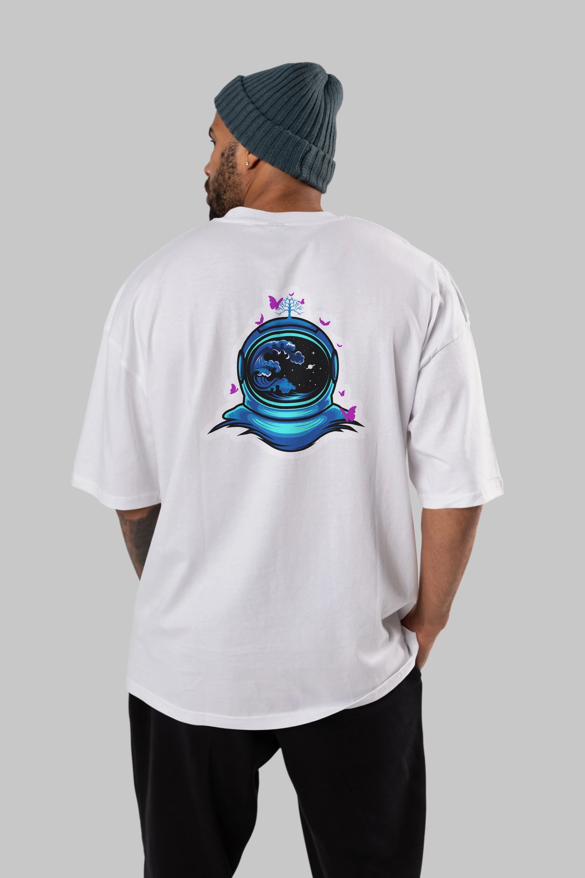Astronaut and Butterfly Sticker Arka Baskılı Oversize t-shirt Erkek Kadın Unisex