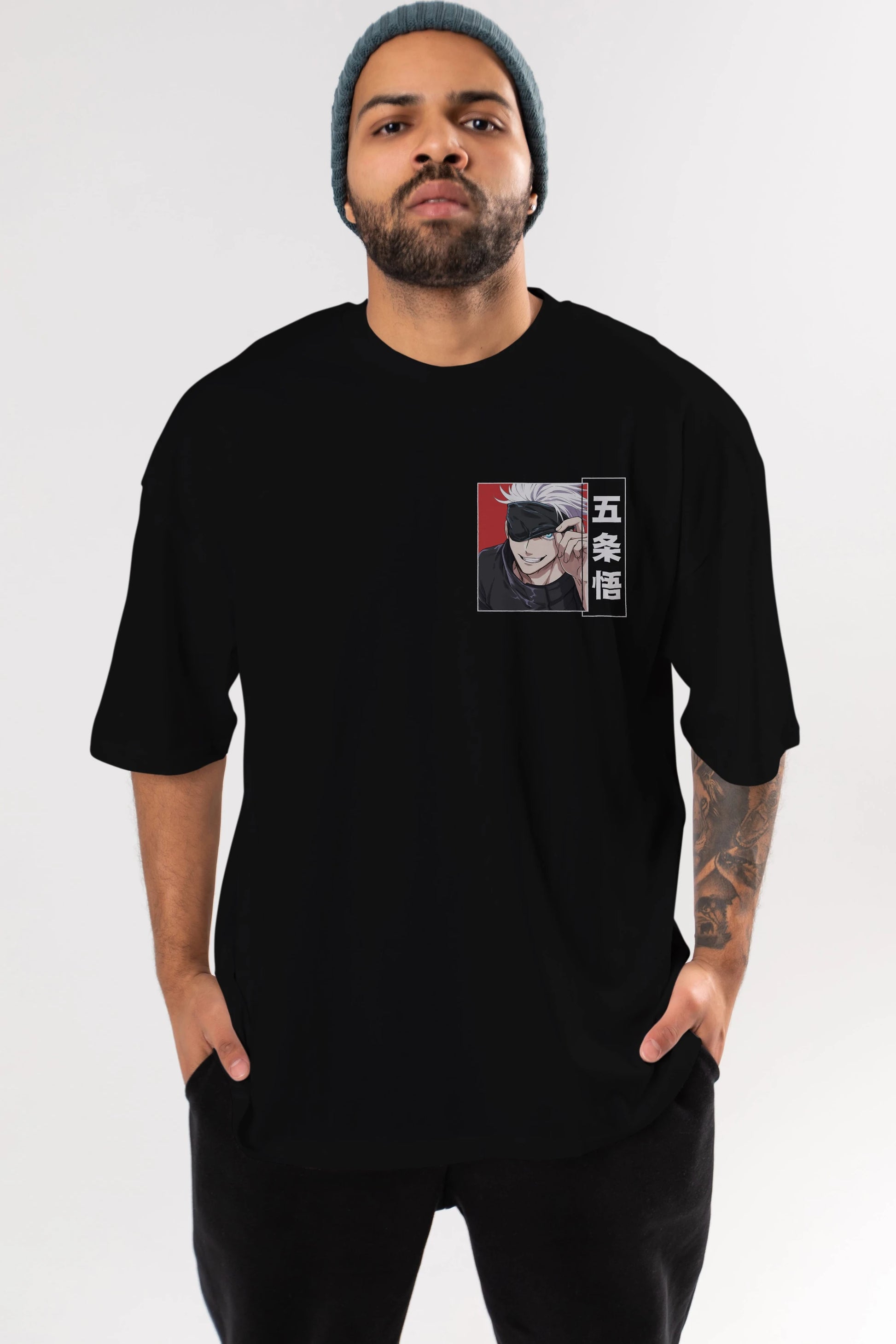JUJUTSU KAISEN Ön Sol Baskılı Oversize t-shirt Erkek Kadın Unisex %100 Pamuk Bisiklet Yaka tişort