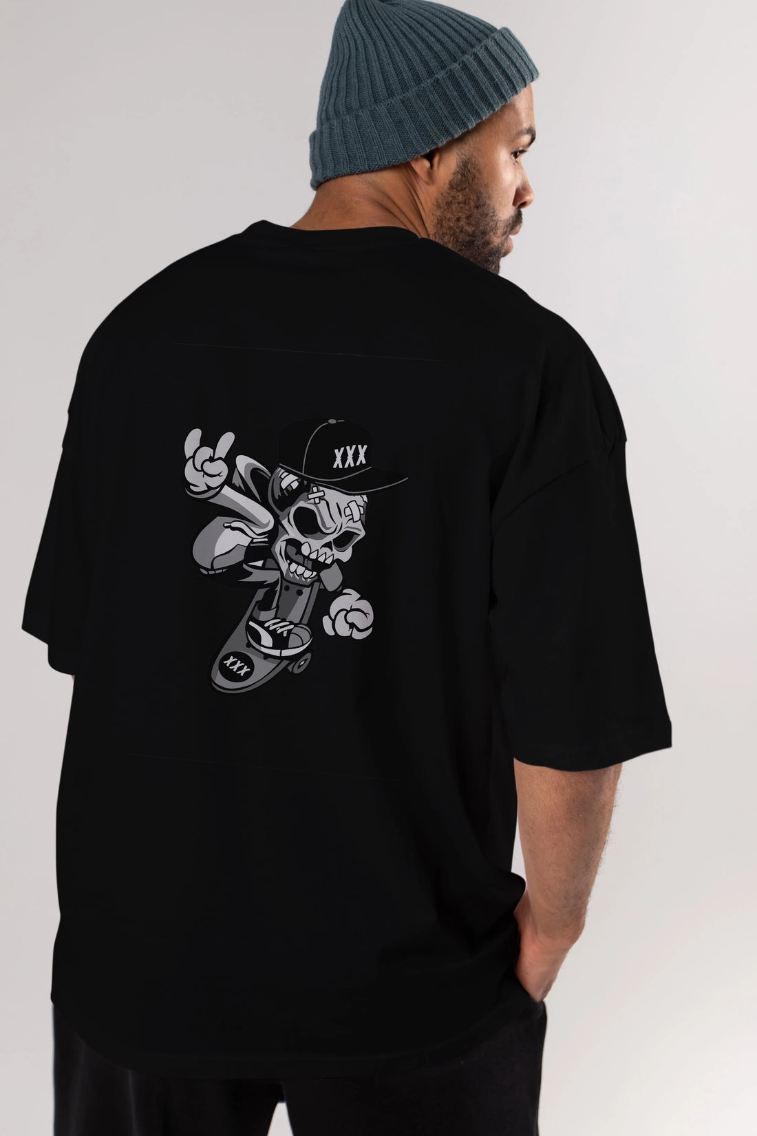 Skull Skateboard Arka Baskılı Oversize t-shirt Erkek Kadın Unisex %100 Pamuk tişort