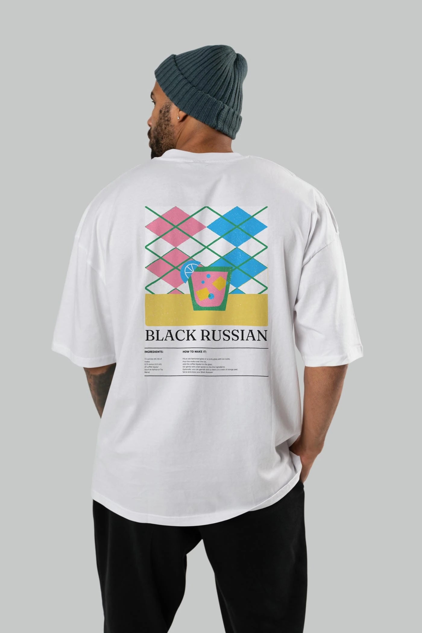 Black Russian Kokteyl Serisi Arka Baskılı Oversize t-shirt Erkek Kadın %100 Pamuk Bisiklet Yaka tişort