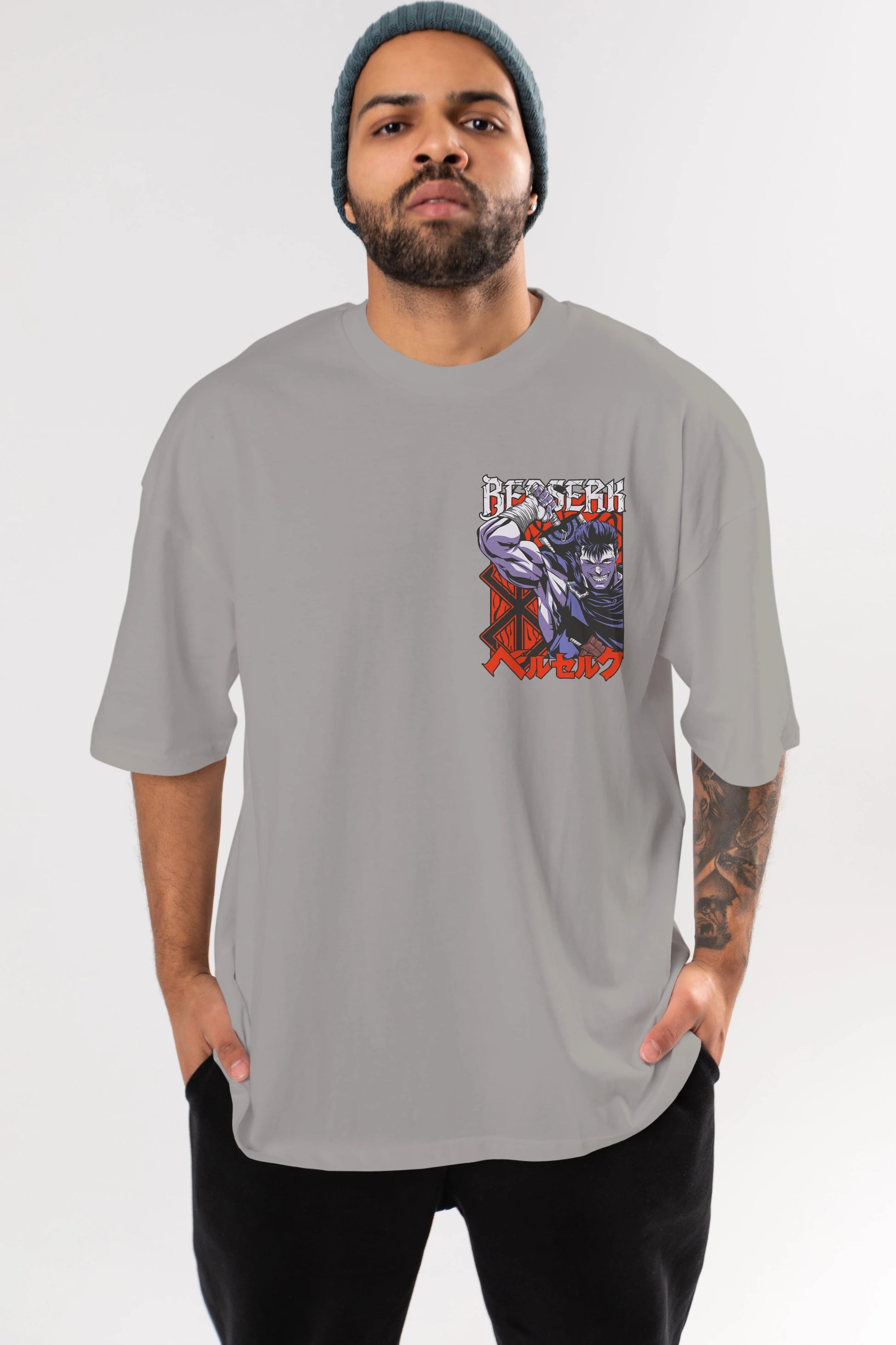 GUTS berserk Ön Sol Baskılı Oversize t-shirt Erkek Kadın Unisex %100 Pamuk Bisiklet Yaka tişort