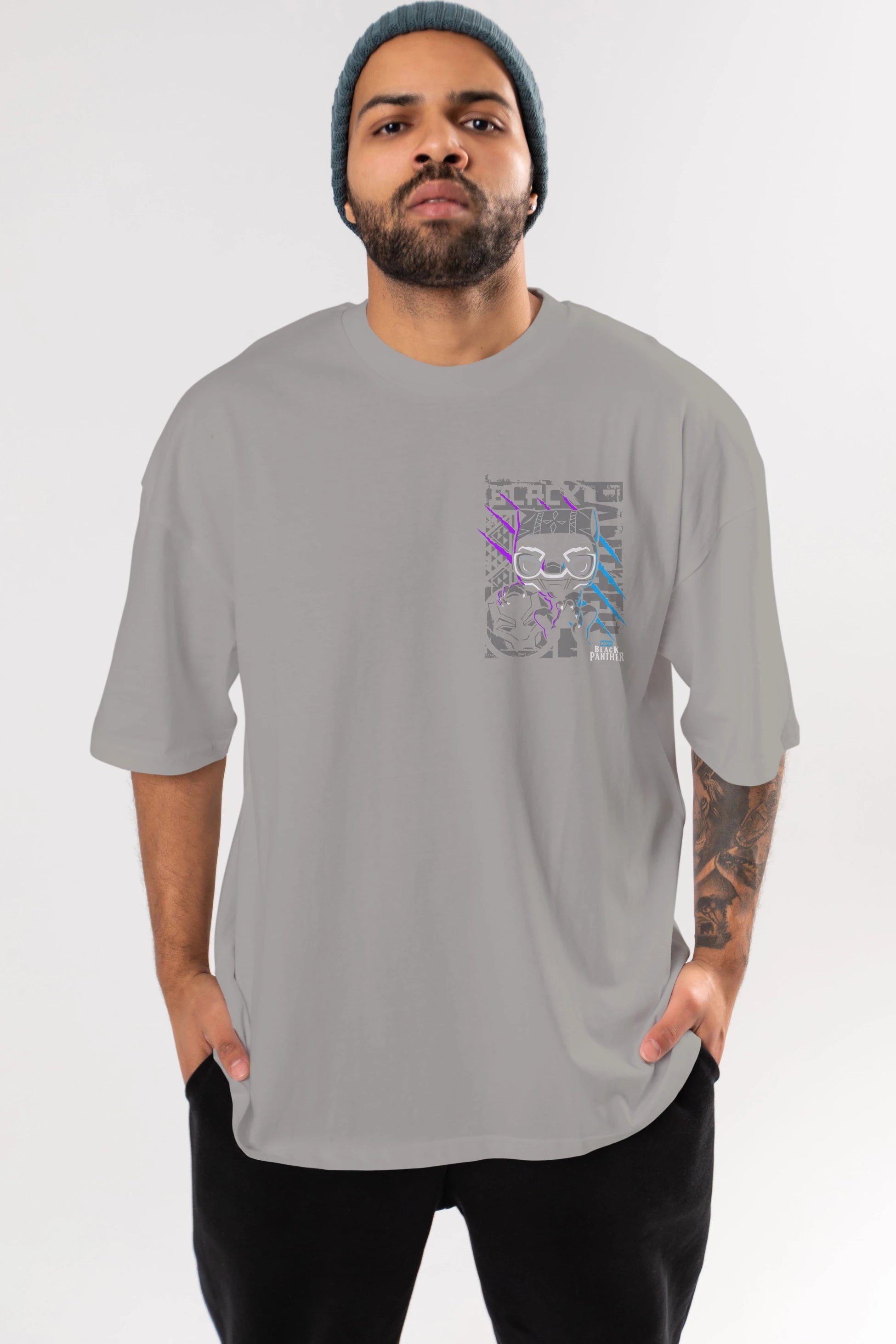 Black Panther Ön Sol Baskılı Oversize t-shirt Erkek Kadın Unisex %100 Pamuk Bisiklet Yaka tişort