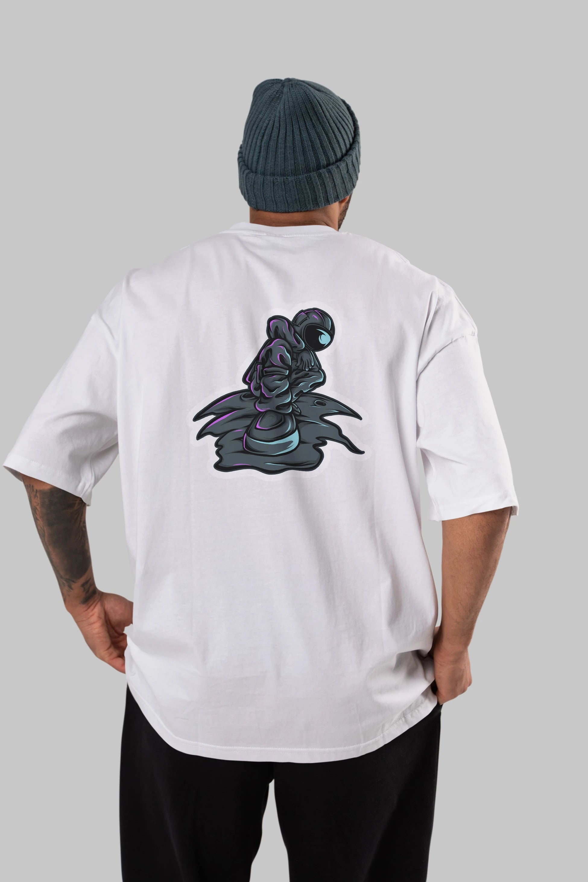 Stylish Astronaut Sticker Arka Baskılı Oversize t-shirt Erkek Kadın Unisex