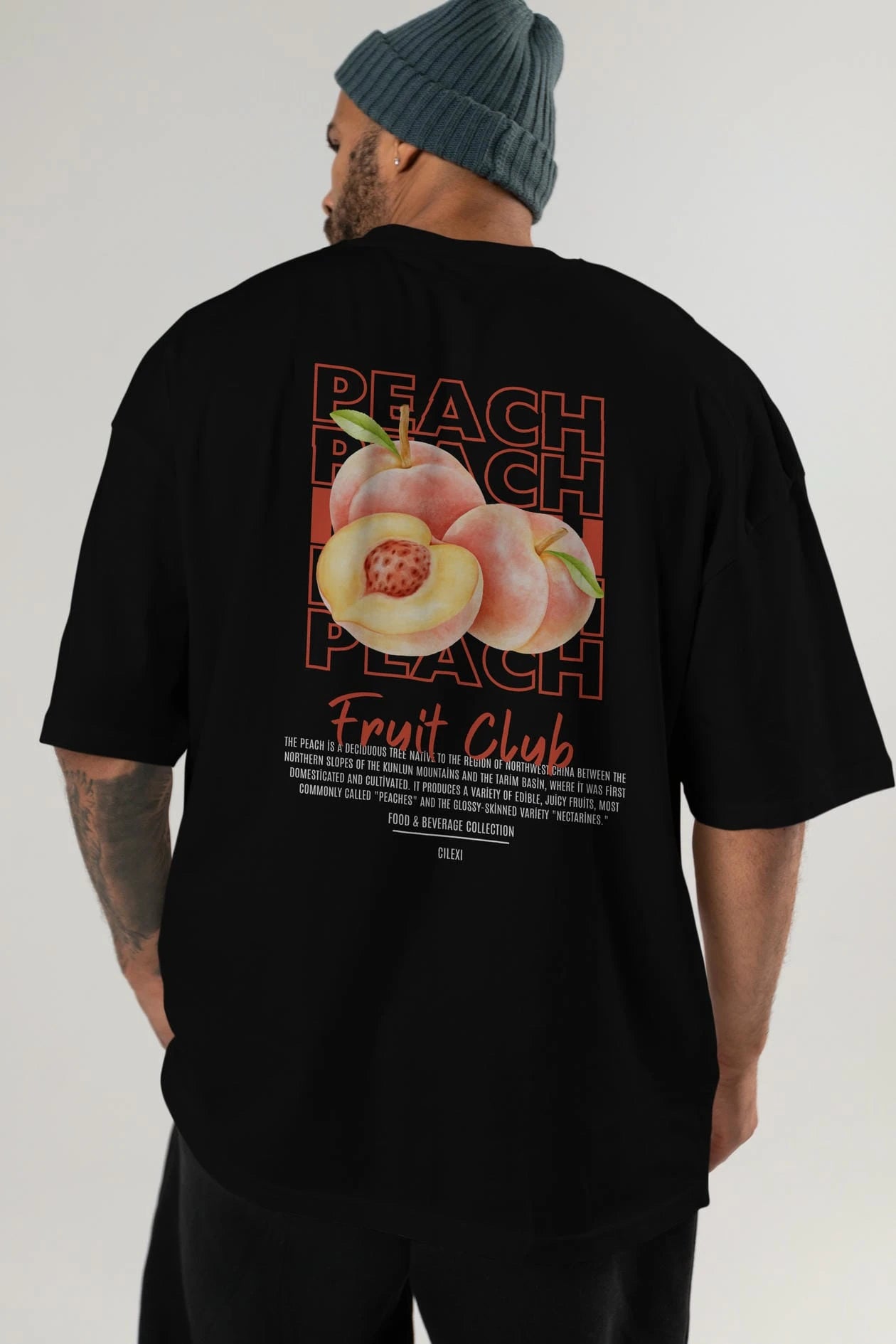 Peach Arka Baskılı Oversize t-shirt Erkek Kadın Pamuk Bisiklet Yaka tişort