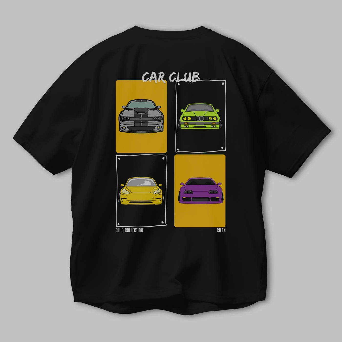 Car Club Arka Baskılı Oversize t-shirt Erkek Kadın %100 Pamuk Bisiklet Yaka tişort