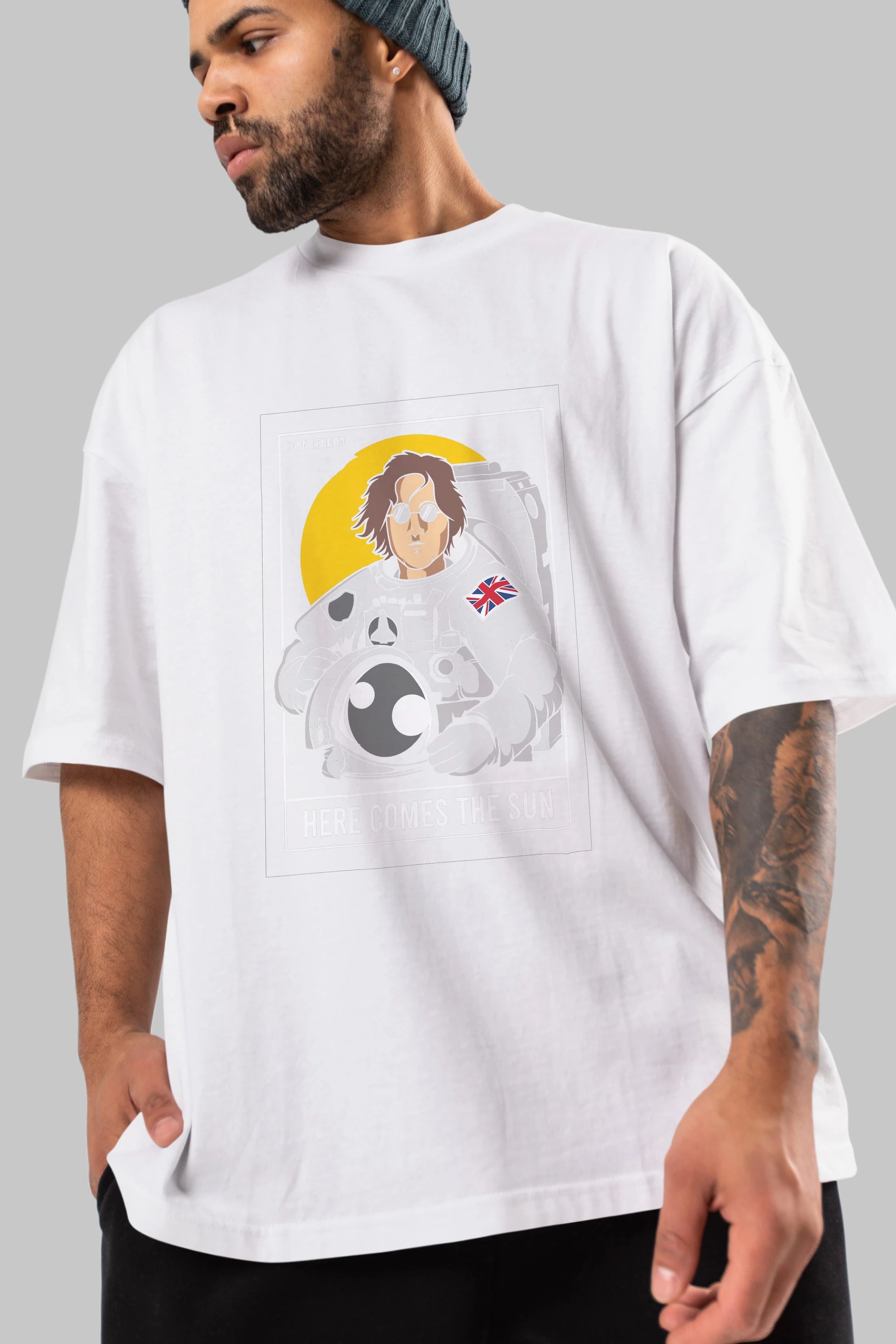 John Lennon Astronot Ön Baskılı Oversize t-shirt Erkek Kadın Unisex %100 Pamuk tişort