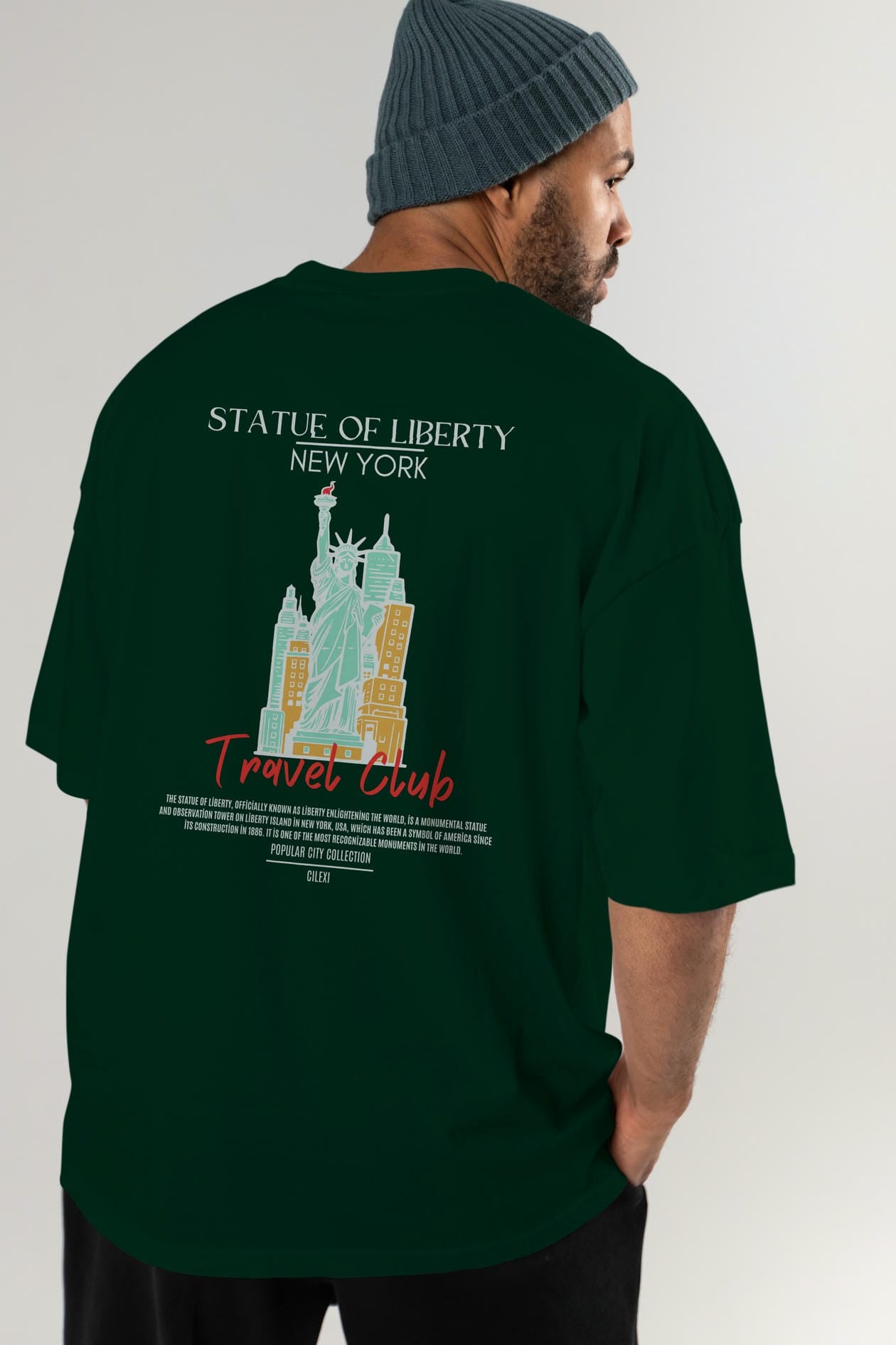 Statue Of Liberty New York Arka Baskılı Oversize t-shirt Erkek Kadın Pamuk Bisiklet Yaka tişort
