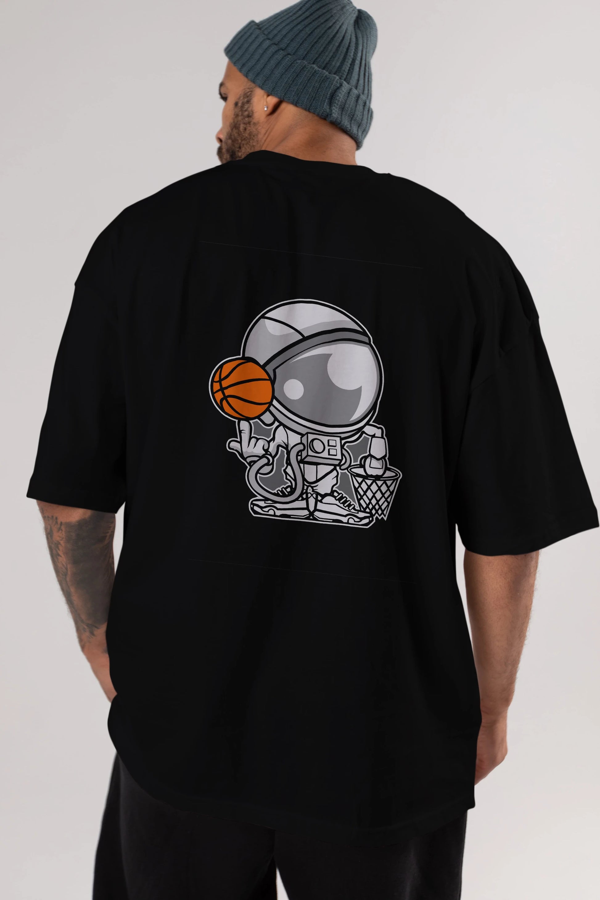 Astronaut Basketball Arka Baskılı Oversize t-shirt Erkek Kadın Unisex %100 Pamuk tişort