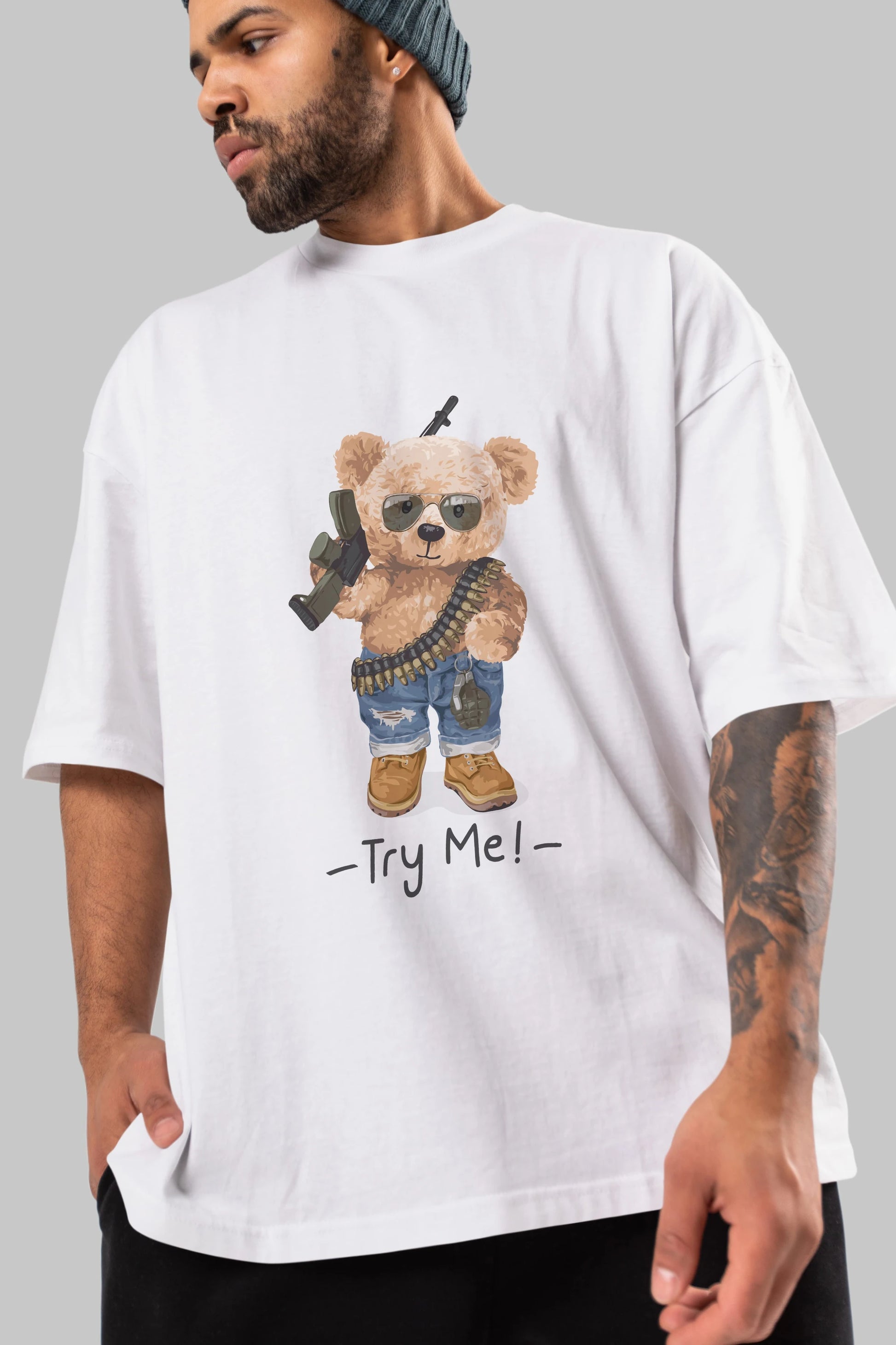Teddy Bear Try Me Ön Baskılı Oversize t-shirt Erkek Kadın Unisex %100 Pamuk