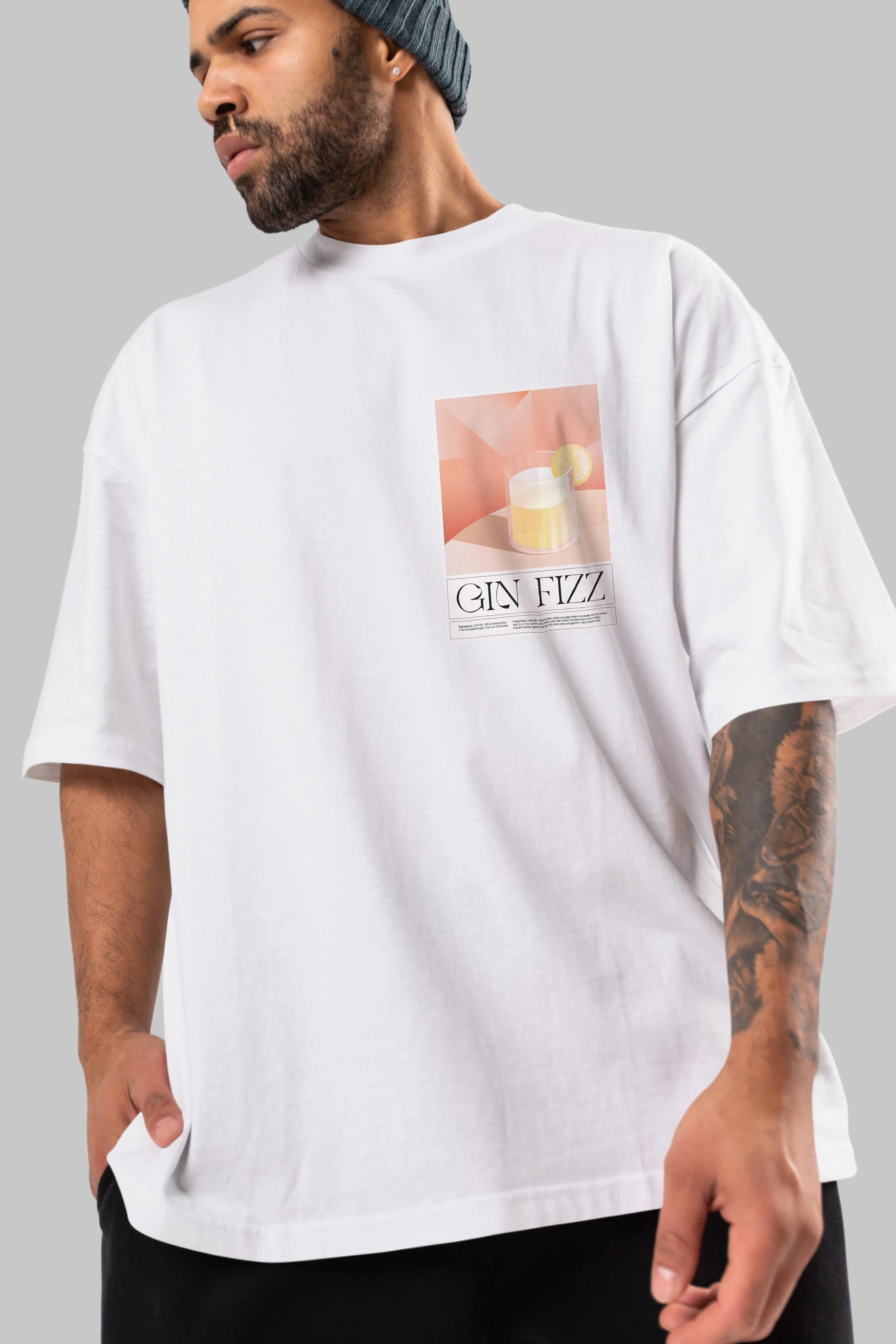 Gin Fizz Ön Sol Baskılı Oversize t-shirt Erkek Kadın Unisex %100 Pamuk Bisiklet Yaka tişort