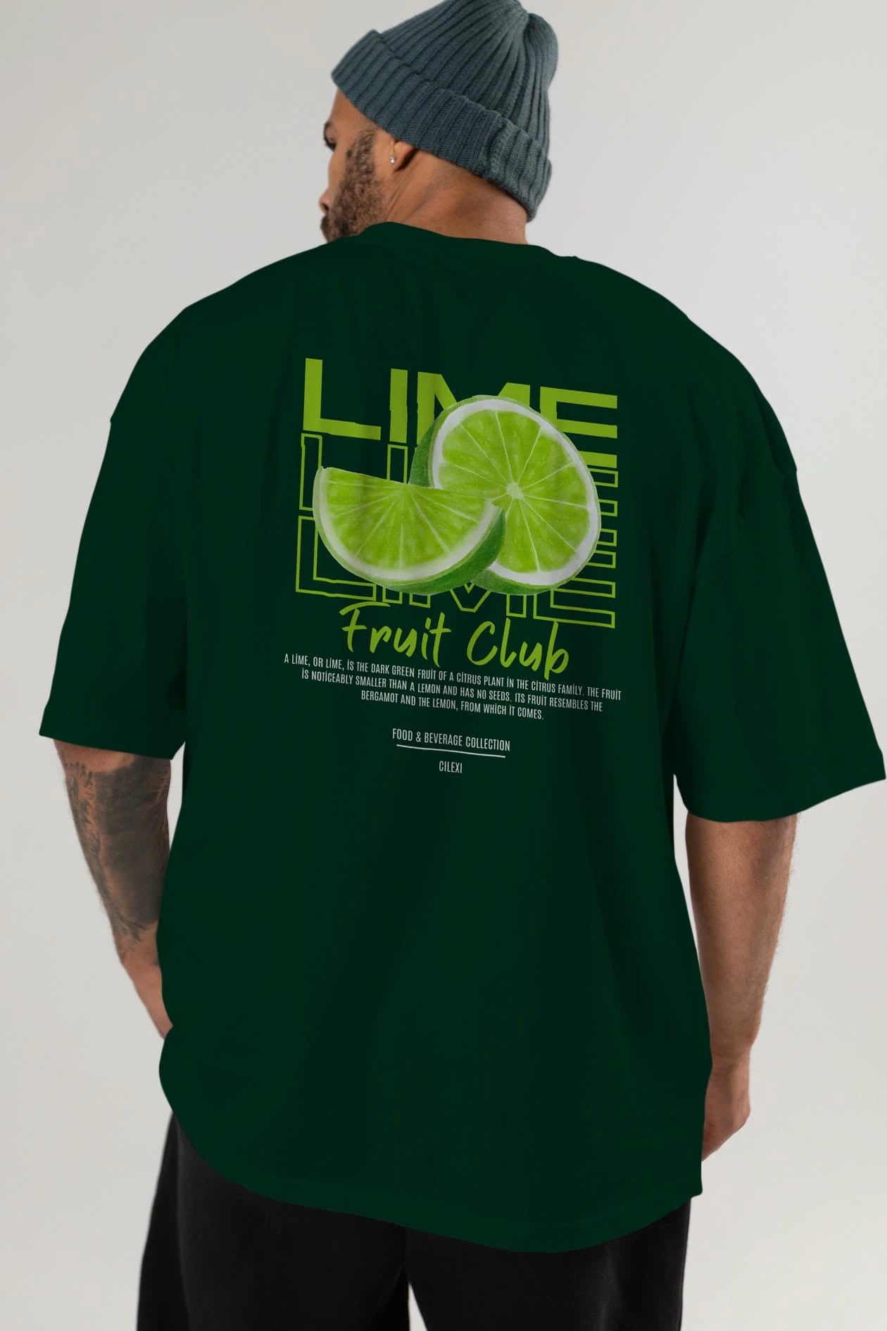 Lime Arka Baskılı Oversize t-shirt Erkek Kadın Pamuk Bisiklet Yaka tişort