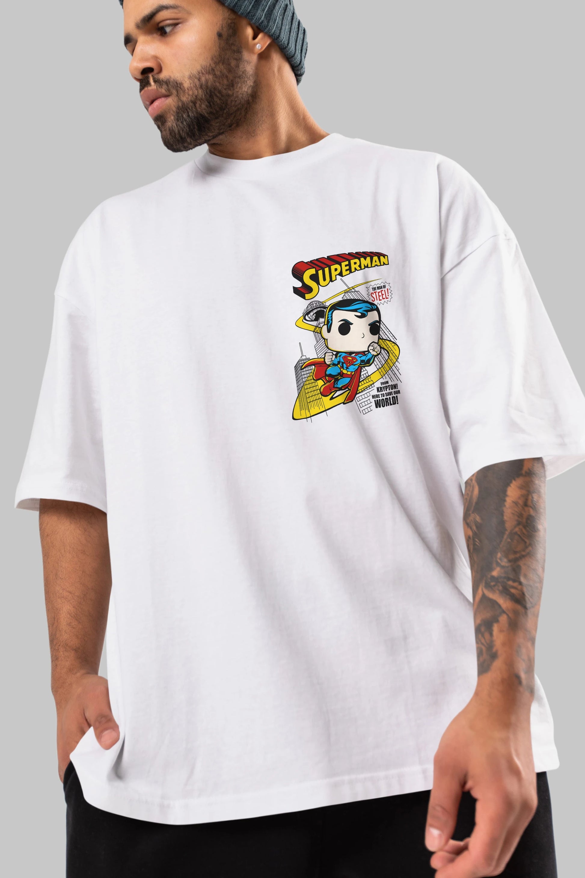 Superman (2) Ön Sol Baskılı Oversize t-shirt Erkek Kadın Unisex %100 Pamuk Bisiklet Yaka tişort