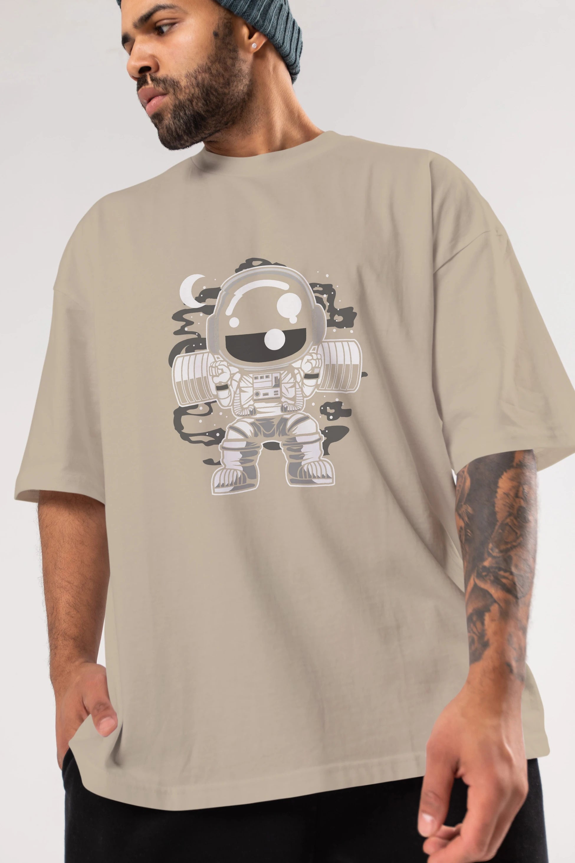 Astronaut Barbell Body Builder Ön Baskılı Oversize t-shirt Erkek Kadın Unisex