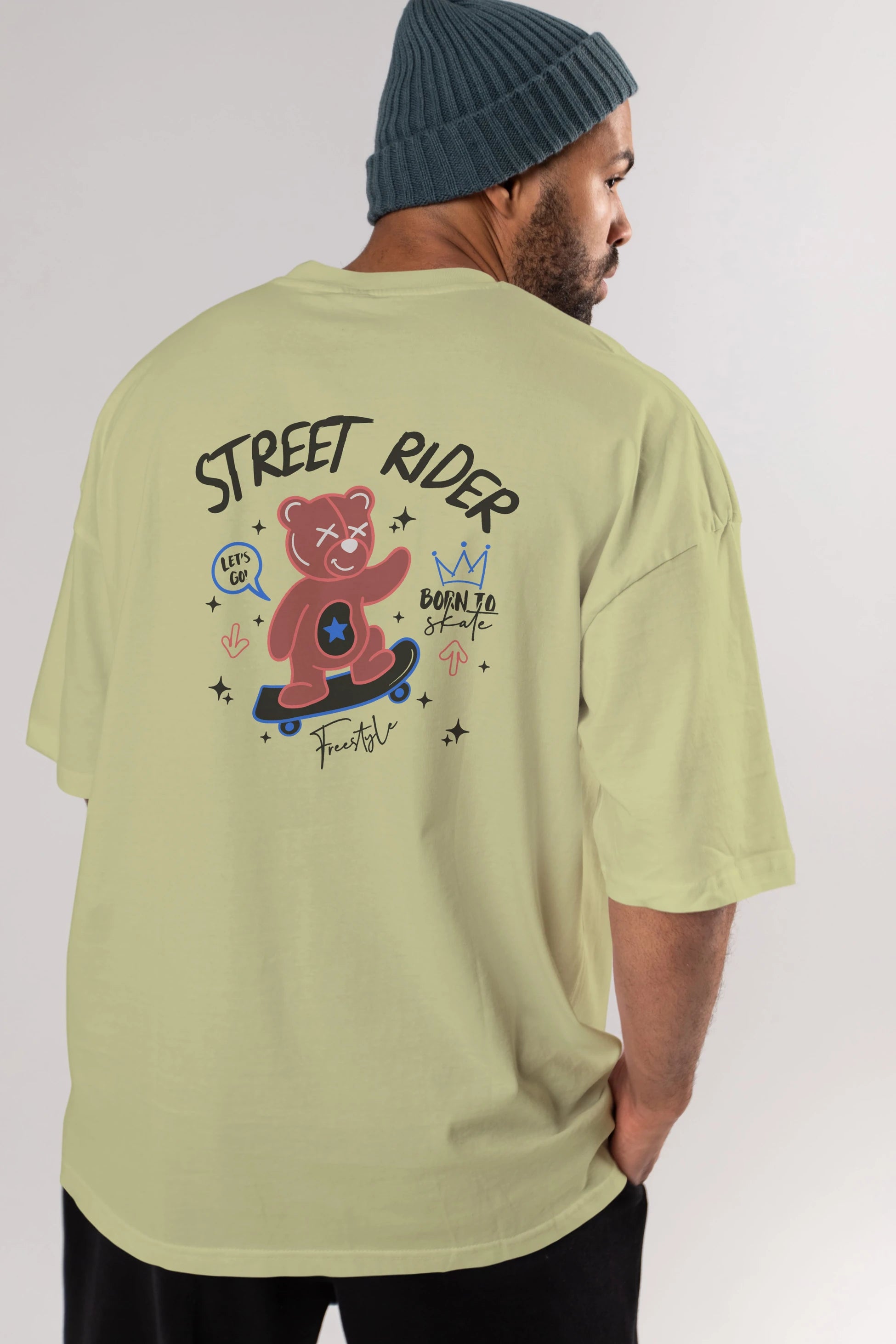 Street Rider Bear Arka Baskılı Oversize t-shirt Erkek Kadın Unisex
