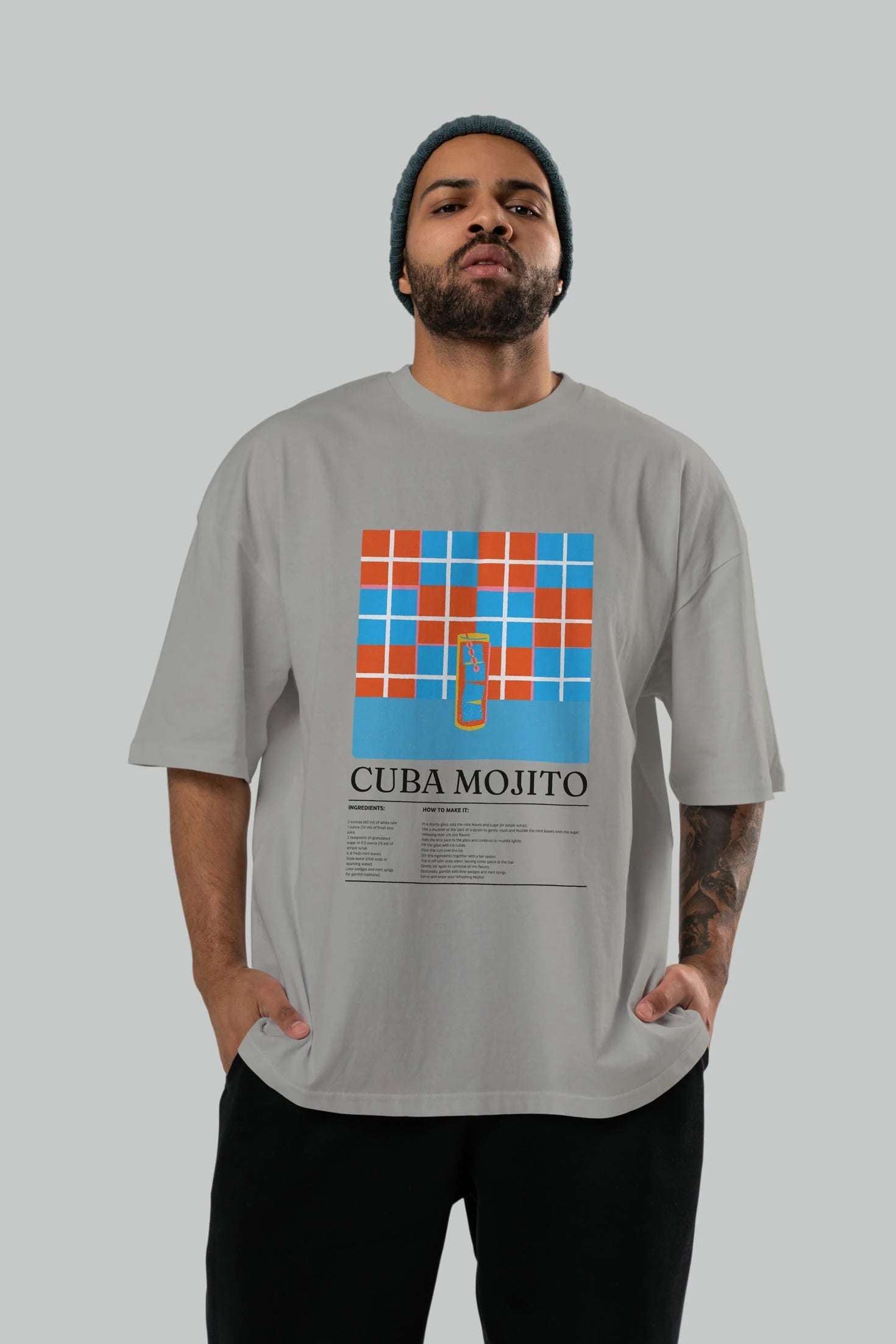 Cuba Mojito Kokteyl Ön Baskılı Oversize t-shirt Erkek Kadın %100 Pamuk Bisiklet Yaka tişort