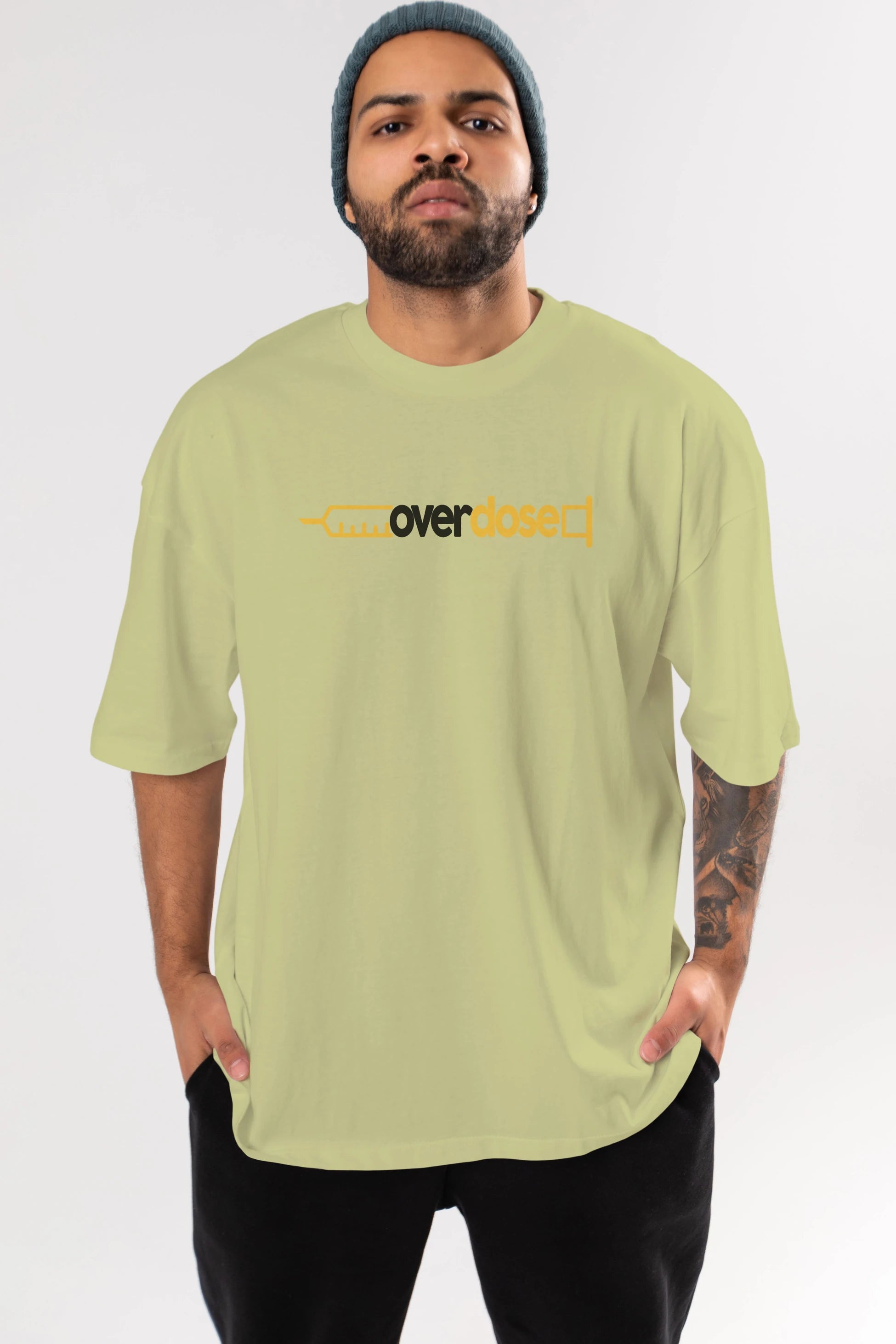 Overdose sarı Ön Baskılı Oversize t-shirt %100 pamuk Erkek Kadın Unisex