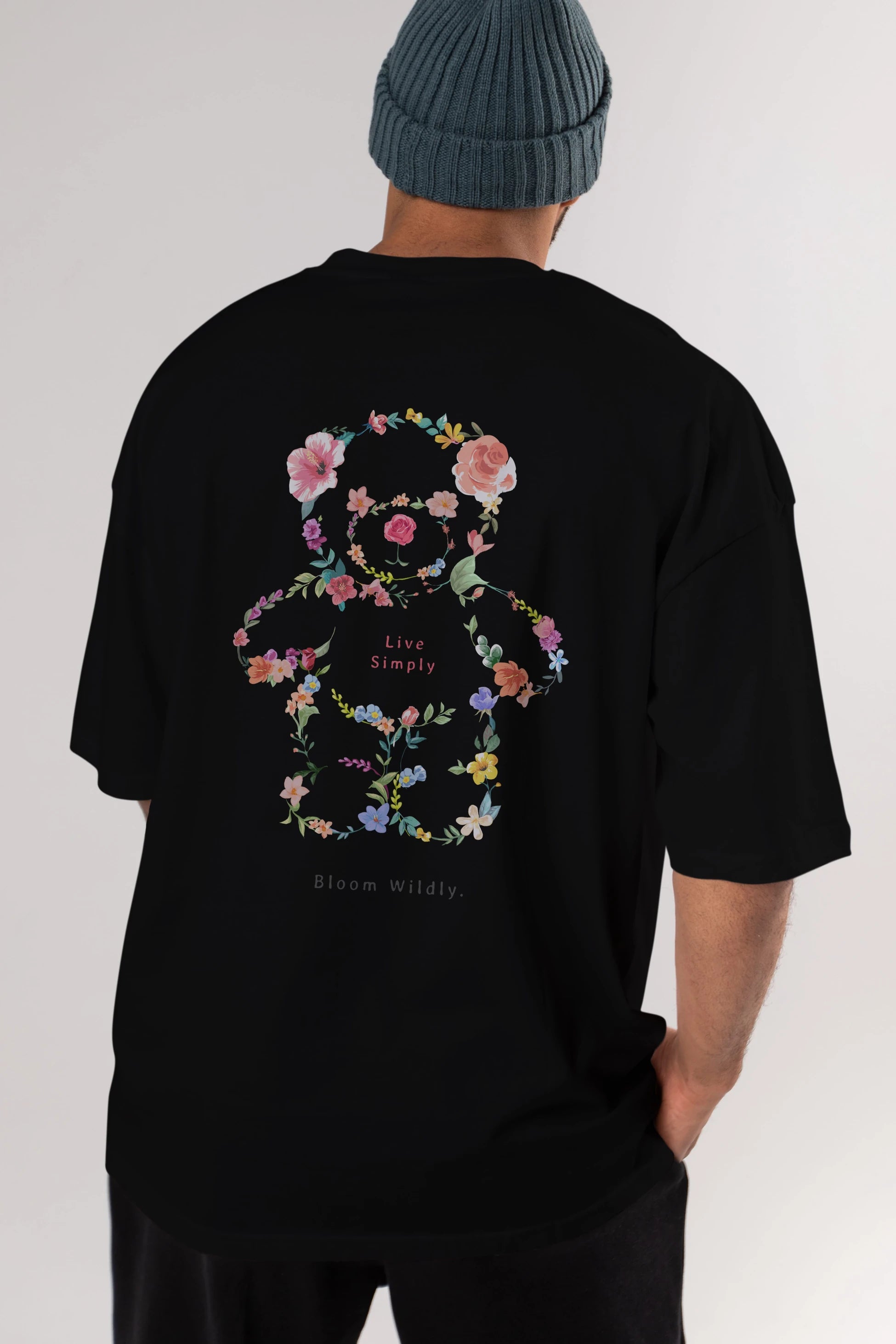 Teddy Bear Flowers Arka Baskılı Oversize t-shirt Erkek Kadın Unisex