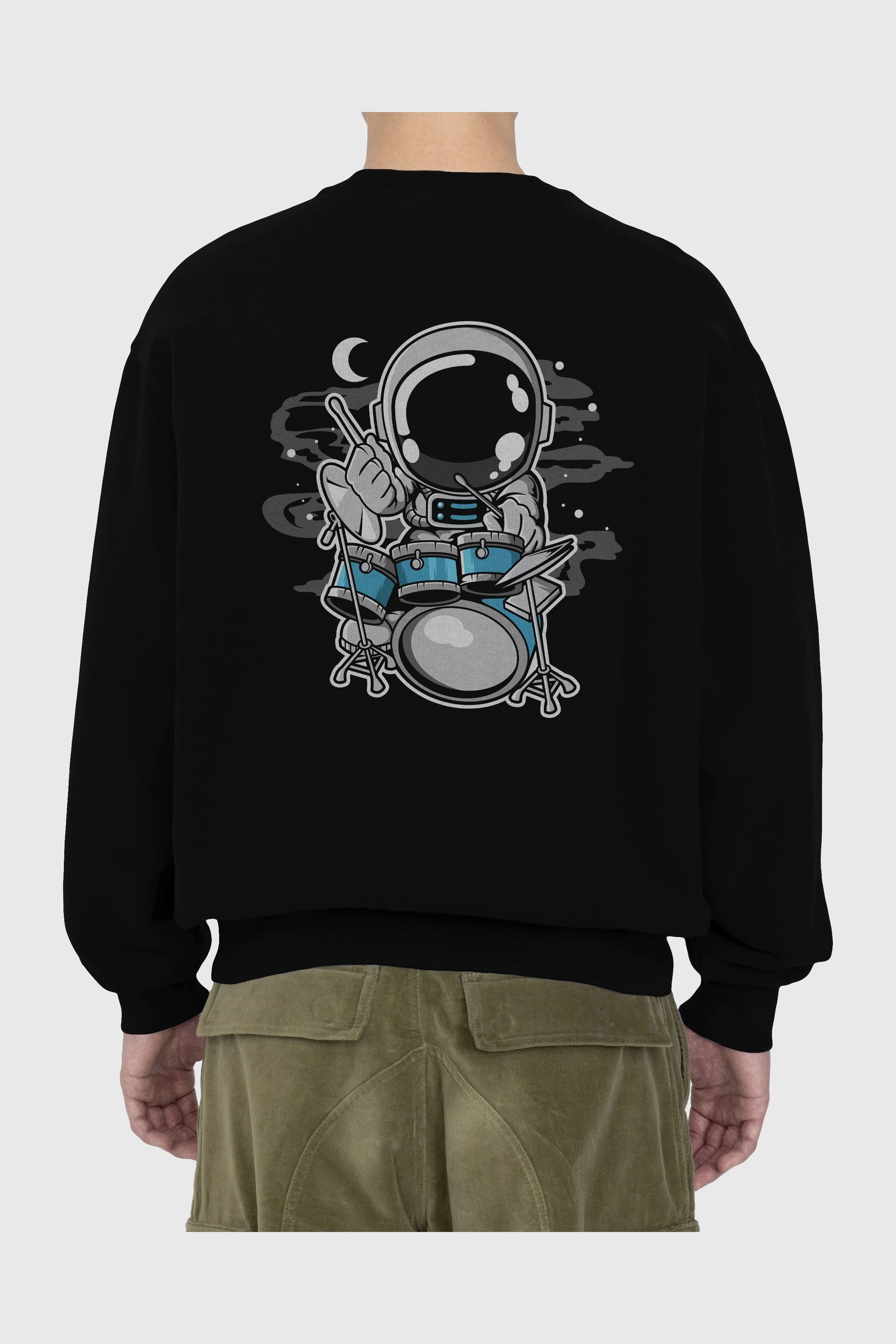 Astronaut Drummer Arka Baskılı Oversize Sweatshirt Erkek Kadın Unisex