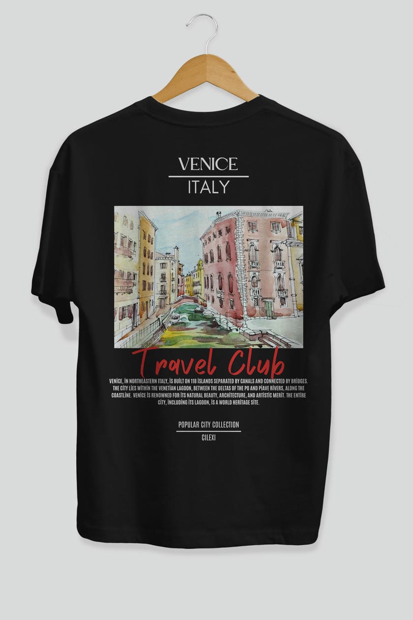 Venice İtaly Arka Baskılı Oversize t-shirt Erkek Kadın Pamuk Bisiklet Yaka tişort