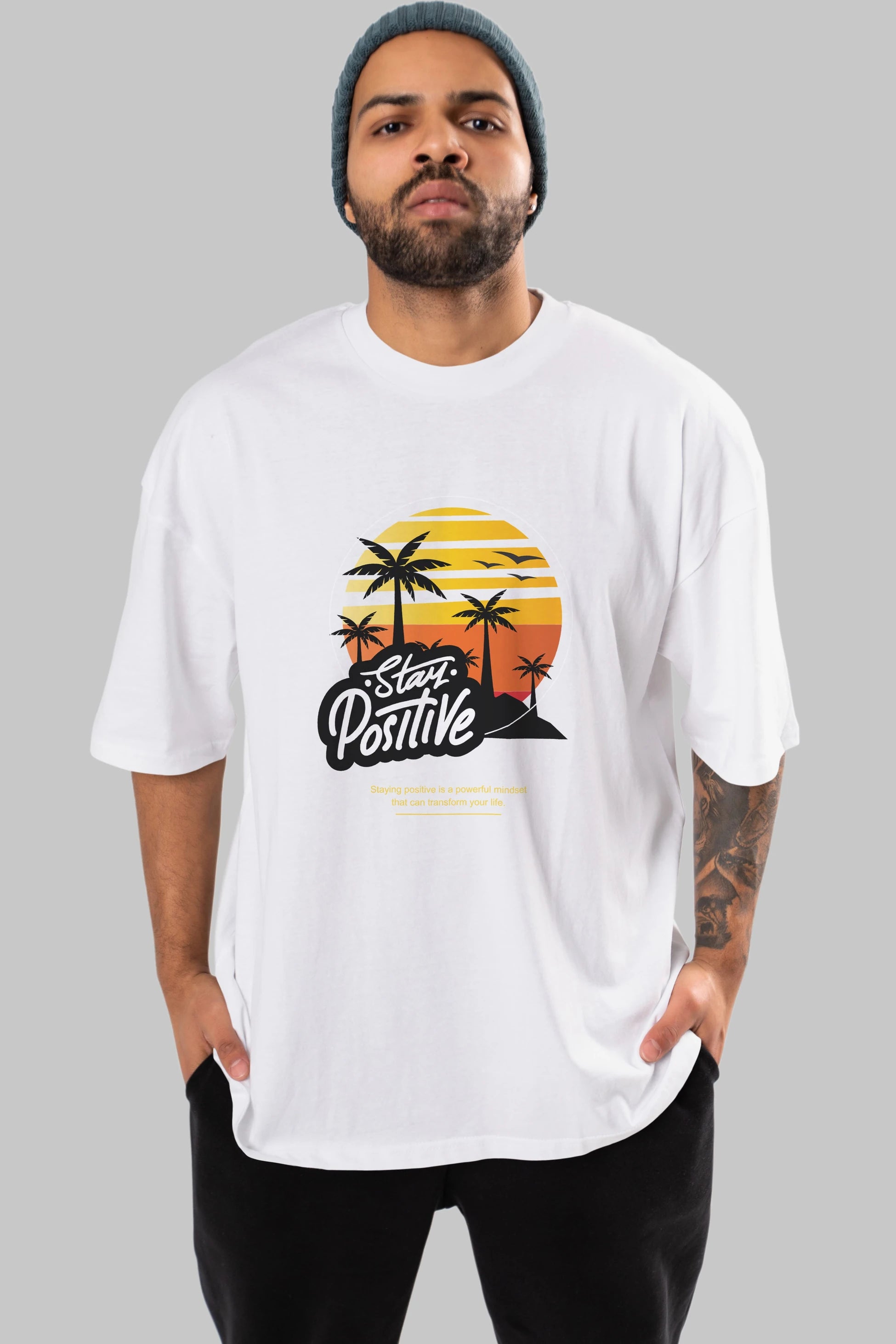 Stay Positive Yazılı Ön Baskılı Oversize t-shirt Erkek Kadın Unisex