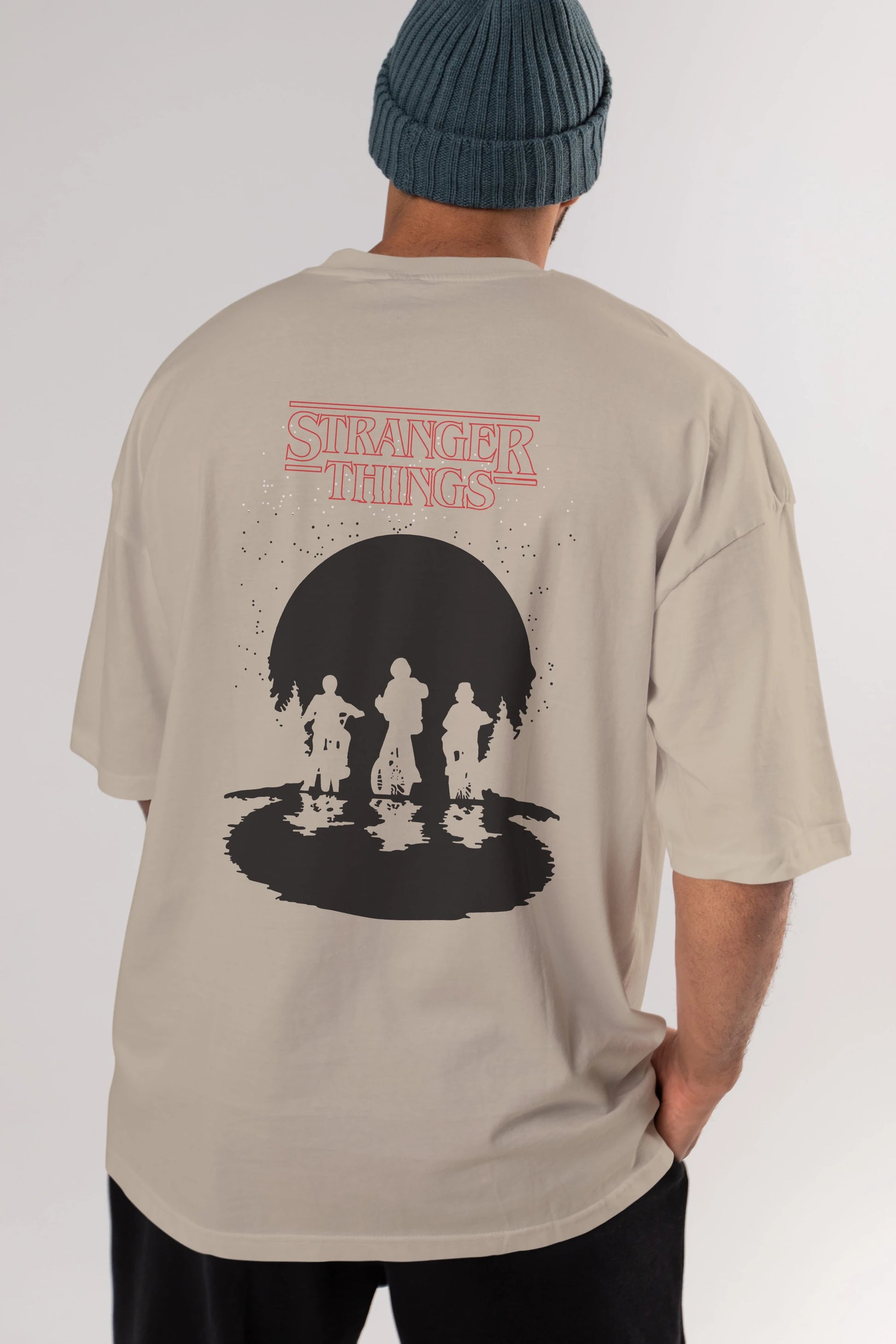 Stranger Things Arka Baskılı Oversize t-shirt Erkek Kadın Unisex %100 Pamuk Bisiklet Yaka tişort