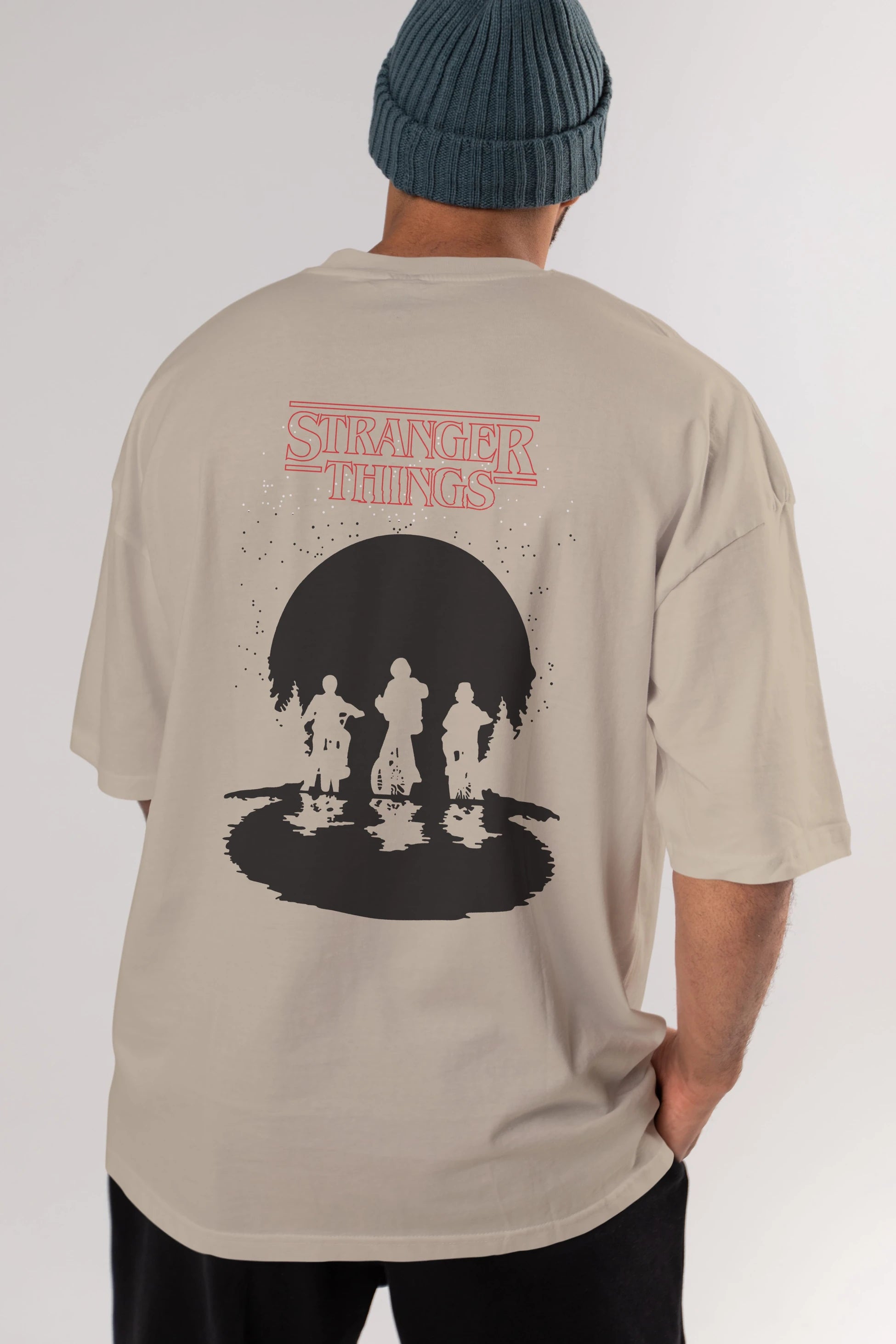 Stranger Things Arka Baskılı Oversize t-shirt Erkek Kadın Unisex %100 Pamuk Bisiklet Yaka tişort