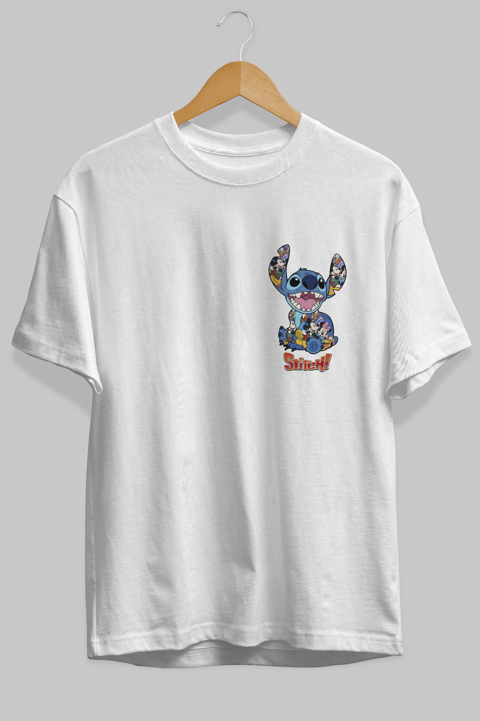 Stitch Ön Sol Baskılı Oversize t-shirt Erkek Kadın Unisex %100 Pamuk Bisiklet Yaka tişort