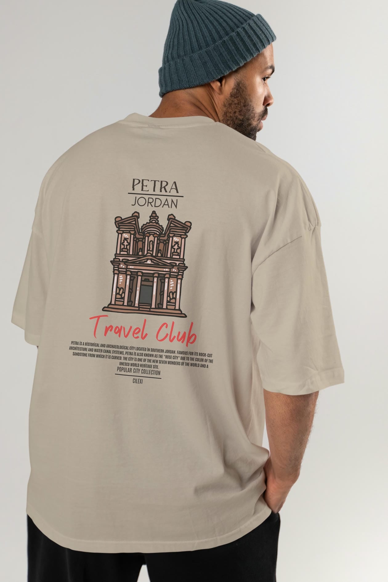 Petra Jordan Arka Baskılı Oversize t-shirt Erkek Kadın Pamuk Bisiklet Yaka tişort